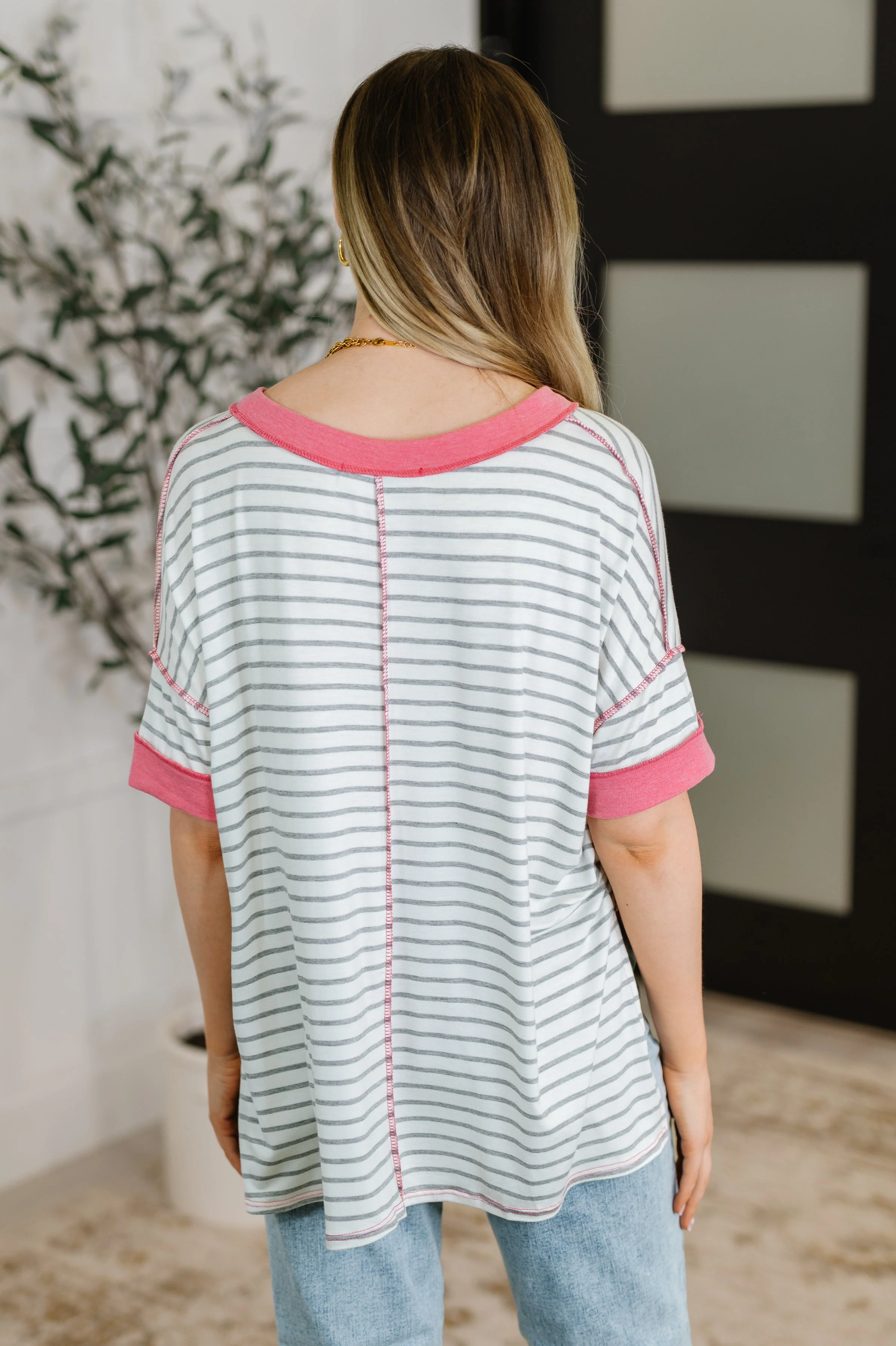 Dressed to Chill V-Neck Top in Heather/Grey/Ivory/Pink - Image 5
