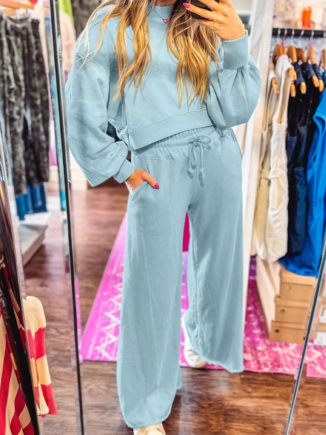 Drop Shoulder Puff Sleeve Crop Top and Drawstring Wide Leg Pants Set - Image 14