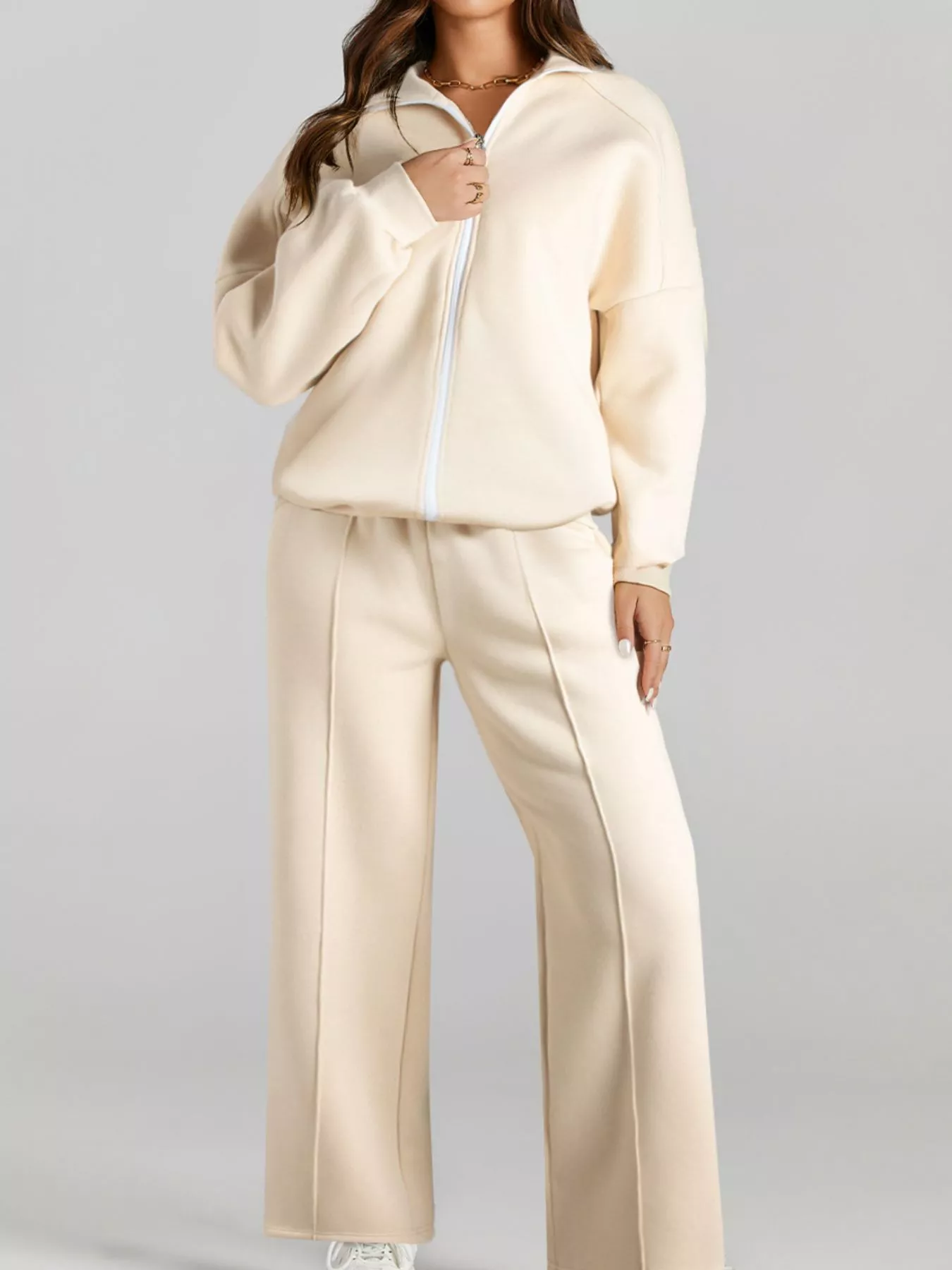 Drop Shoulder Zip Up Jacket and Drawstring Pants Active 2pcs Set - Image 2
