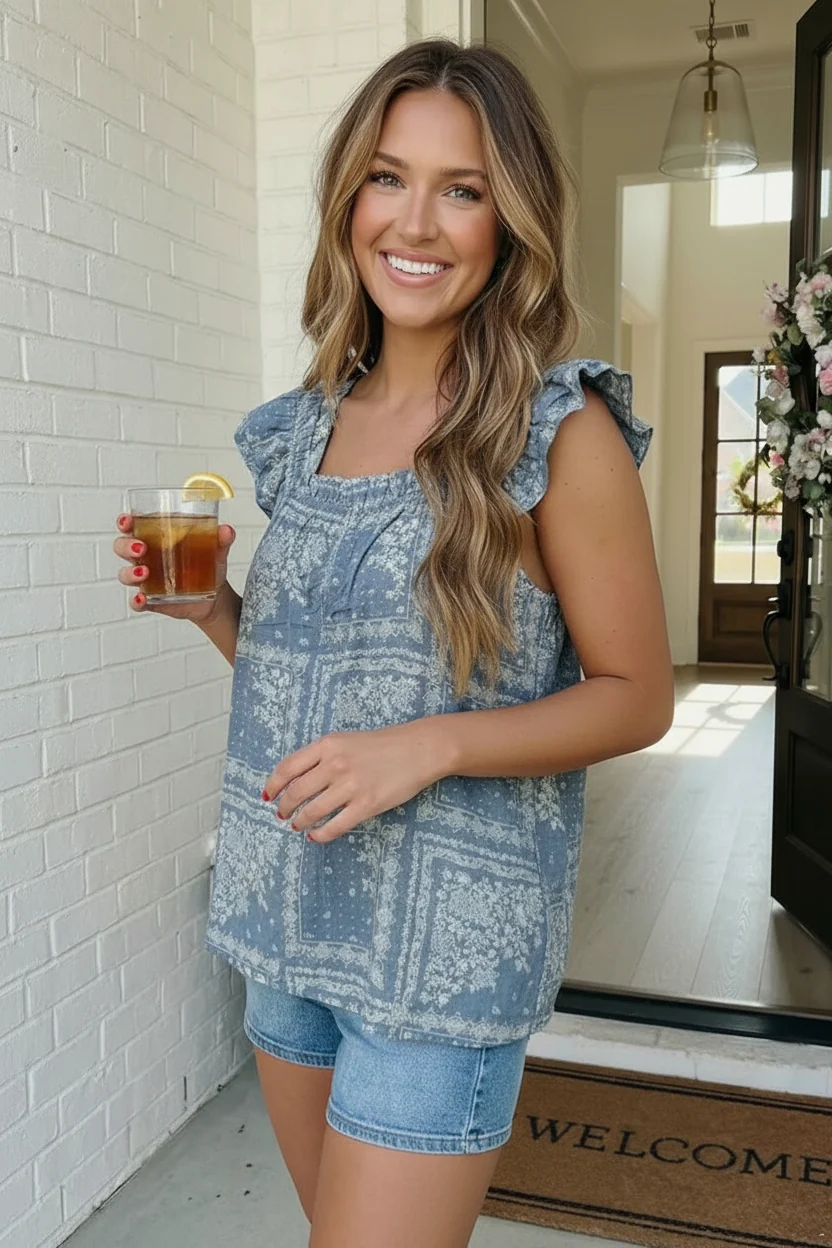 Dusty Blue Bandana Print Ruffle Top - Image 4
