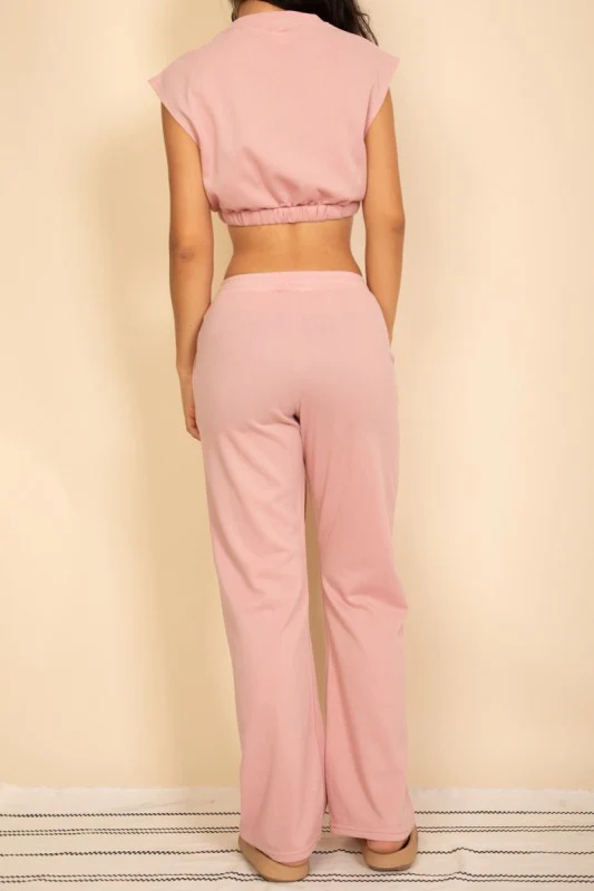 Elastic Hem Crop Top & Wide Leg Pants Set - Image 11