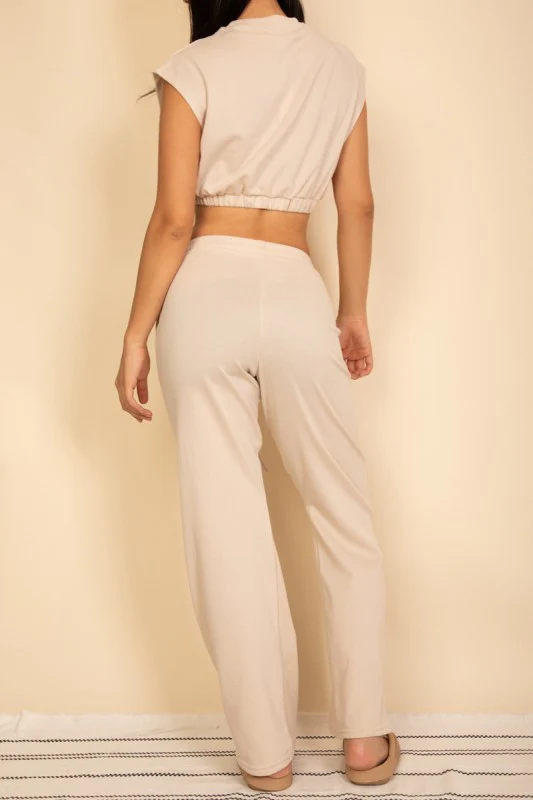 Elastic Hem Crop Top & Wide Leg Pants Set - Image 5
