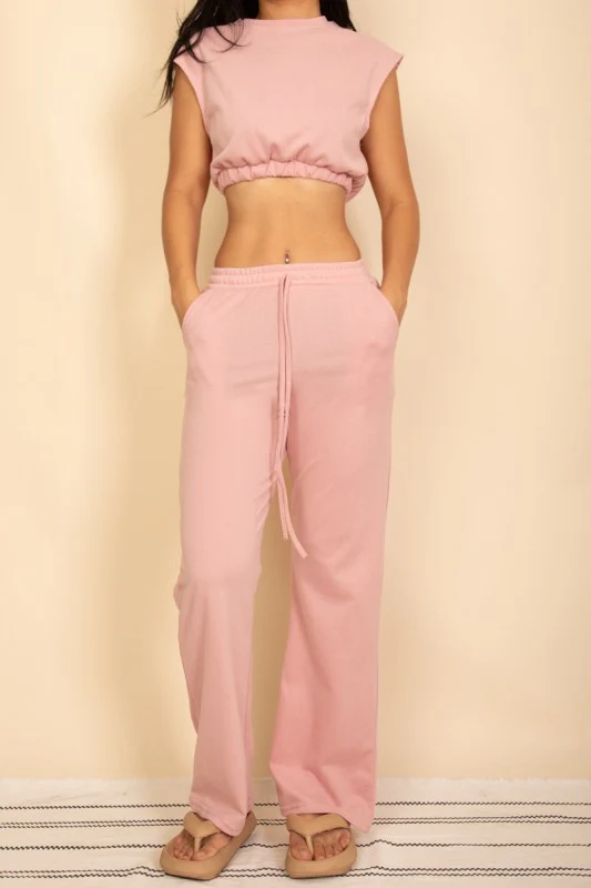 Elastic Hem Crop Top & Wide Leg Pants Set - Image 7