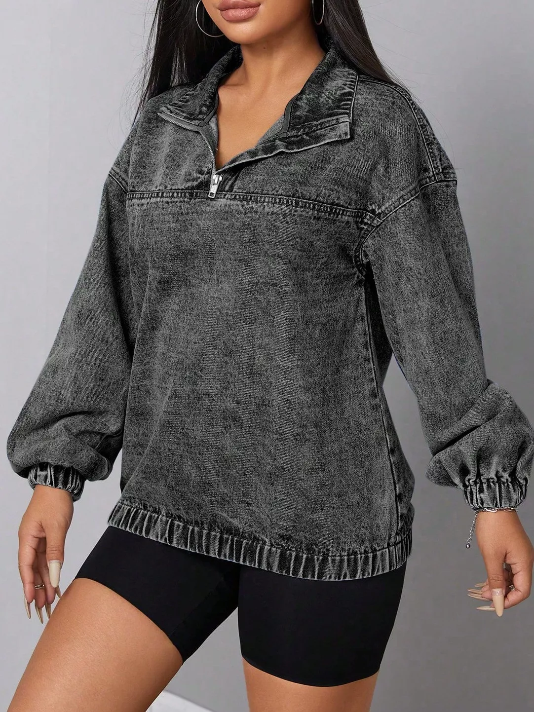 Elastic Hem Quarter Zip Denim Top - Image 3