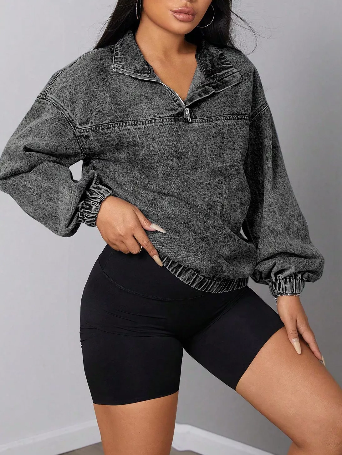 Elastic Hem Quarter Zip Denim Top - Image 4