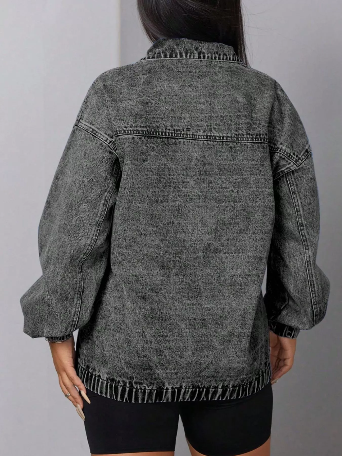 Elastic Hem Quarter Zip Denim Top - Image 5
