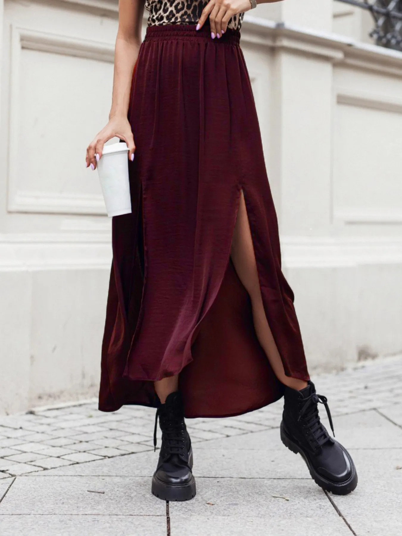 Elastic Waistband High-Slit Maxi Skirt - Image 4