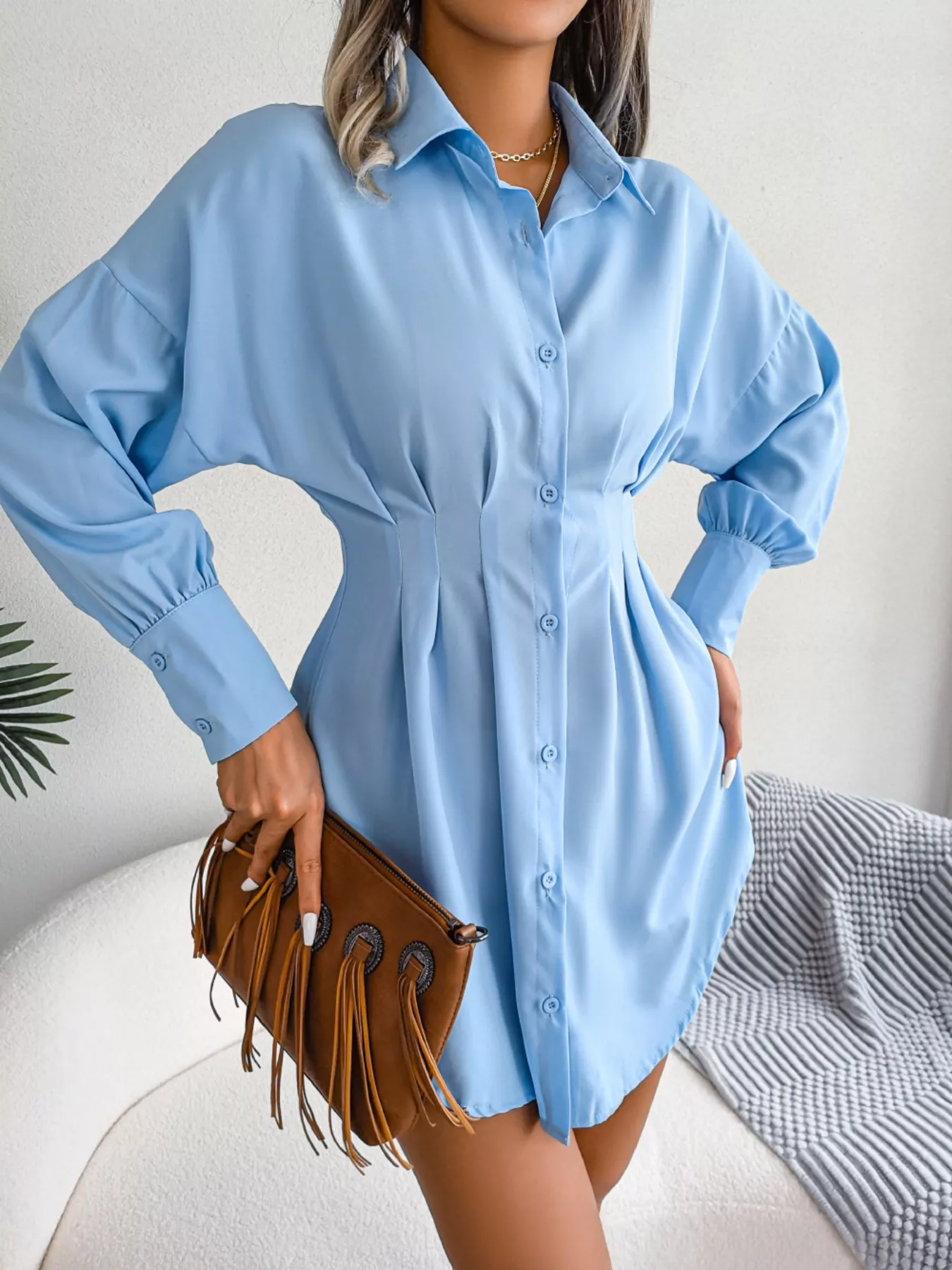 Elegant Button-Down Cinched Waist Mini Shirt Dress - Image 6