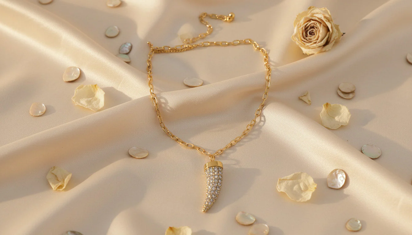 Elegant Gold-Tone Pavé Crystal Italian Horn Necklace