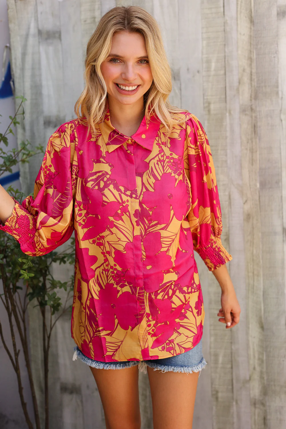 Elegant In Fuchsia Satin Button-Down Smock Long Sleeve Blouse - Image 5
