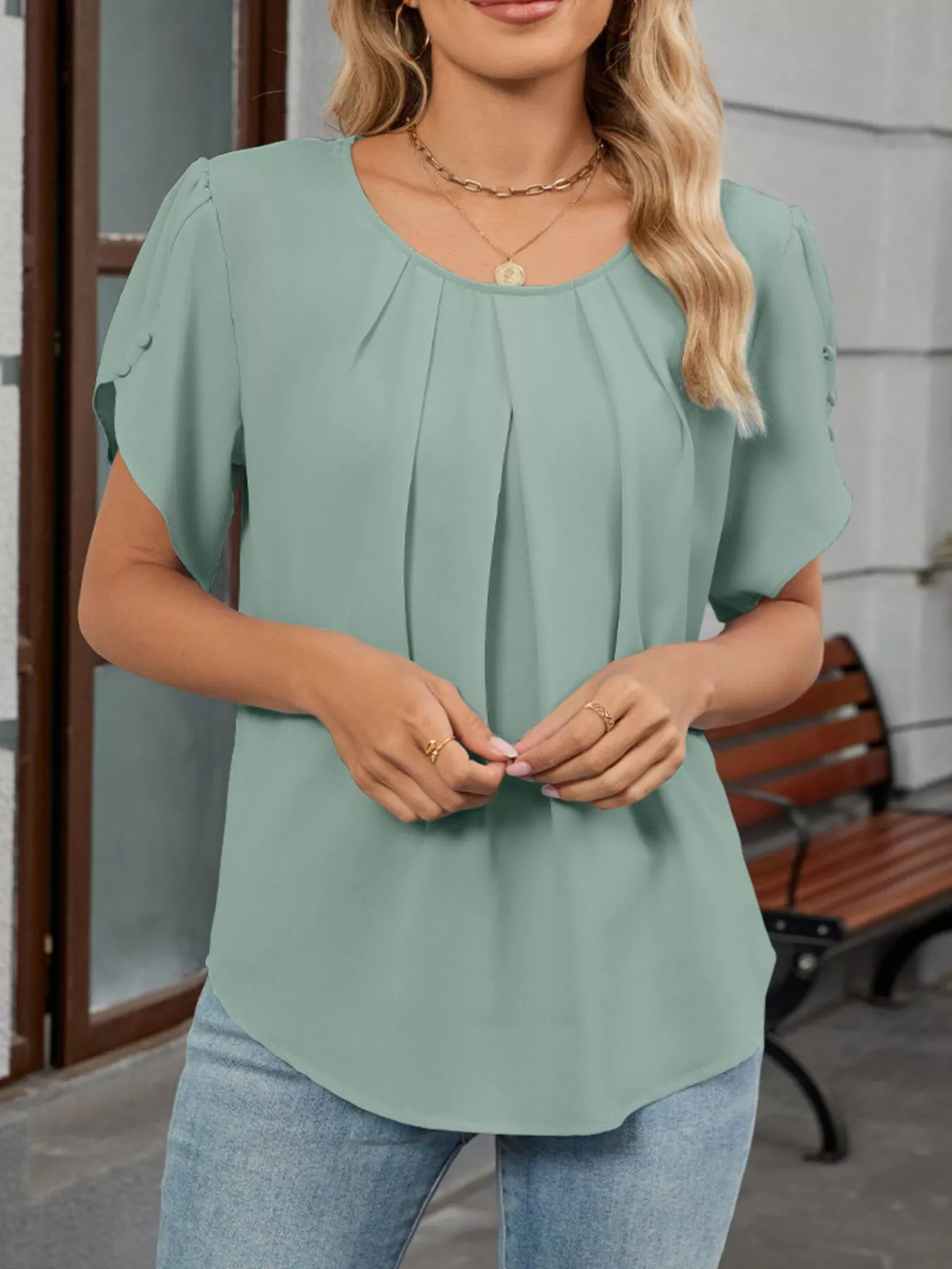Elegant Pleated Flowy Short Sleeve Blouse - Image 13