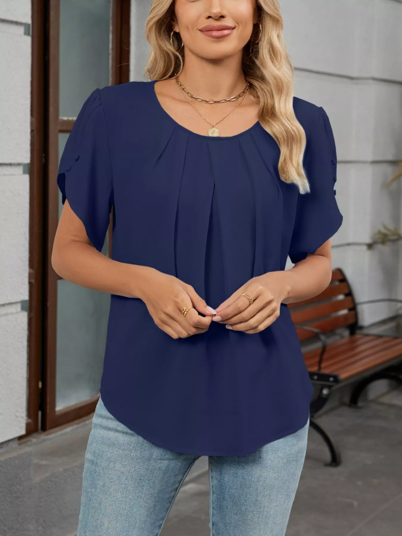Elegant Pleated Flowy Short Sleeve Blouse - Image 26