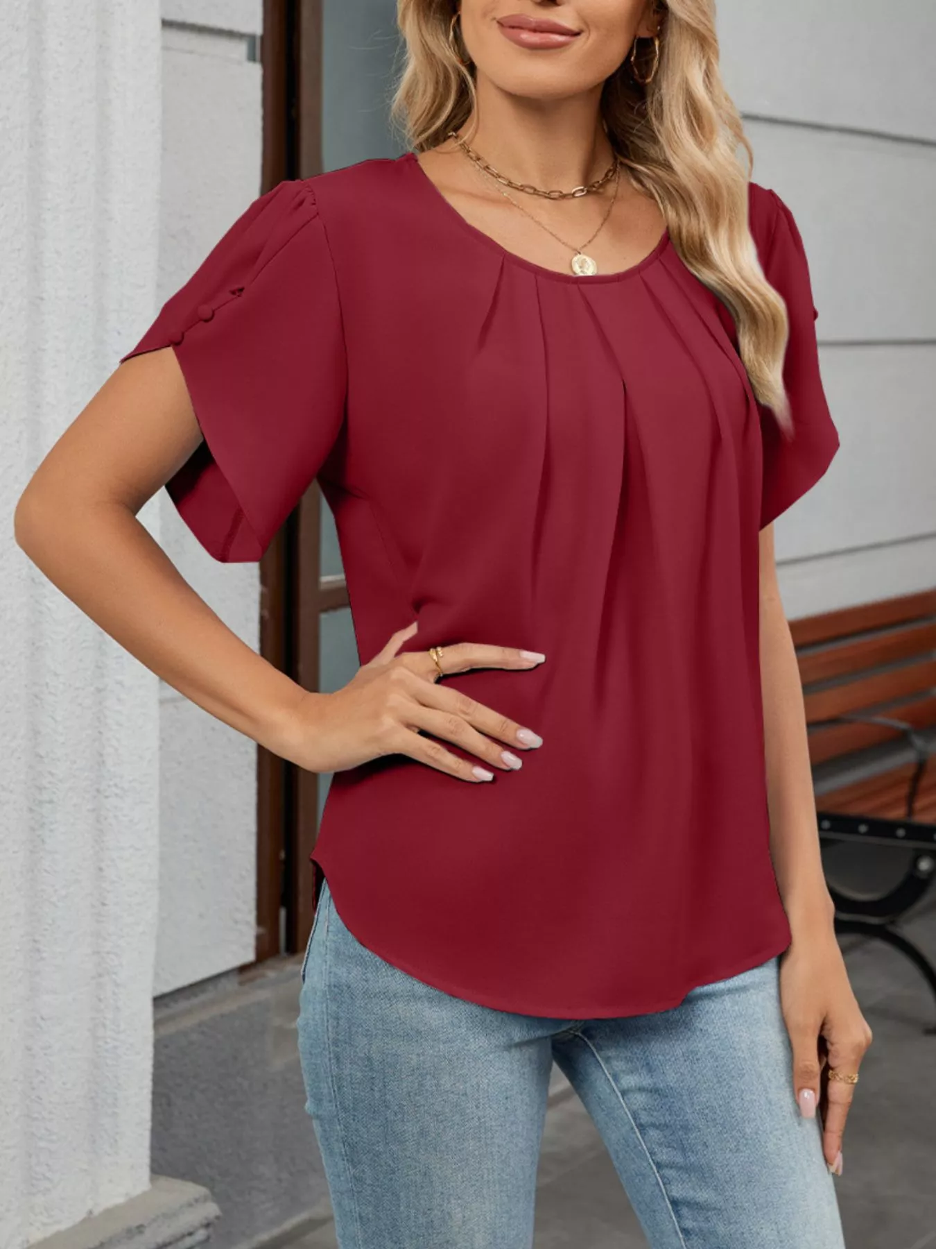 Elegant Pleated Flowy Short Sleeve Blouse - Image 4