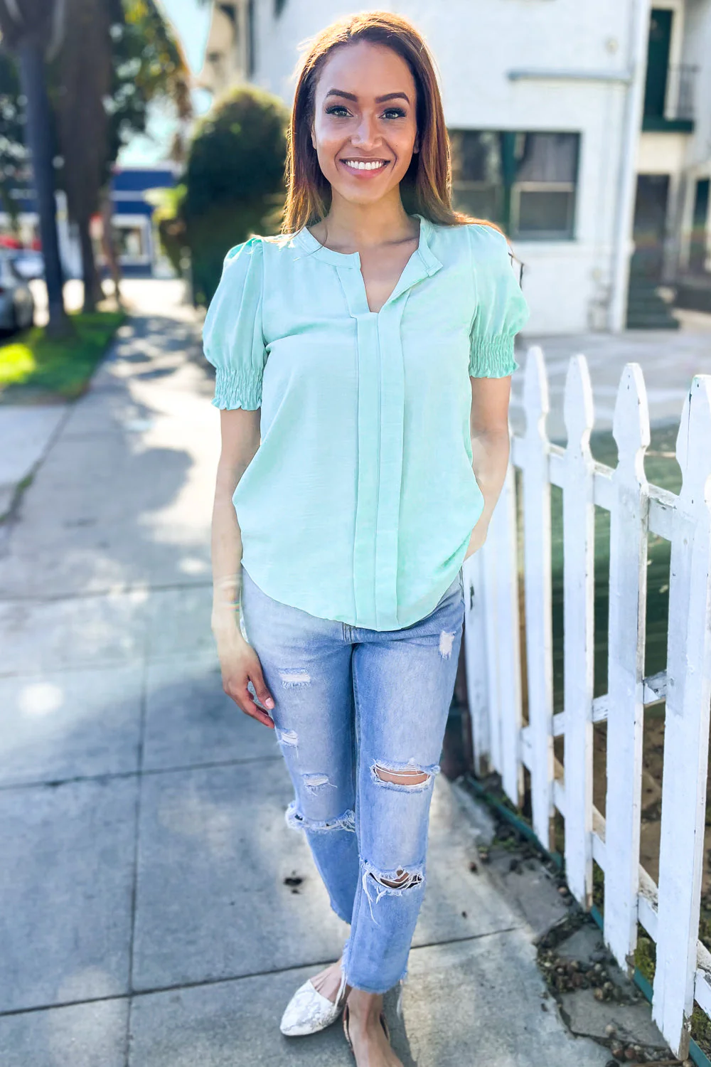 Elegant You Lilac Notched Neck Smocked Short Sleeve Blouse - Image 3