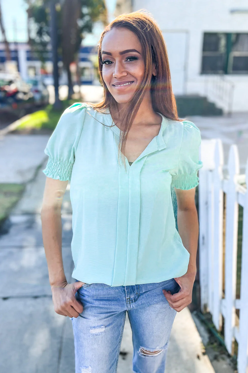 Elegant You Lilac Notched Neck Smocked Short Sleeve Blouse - Image 4