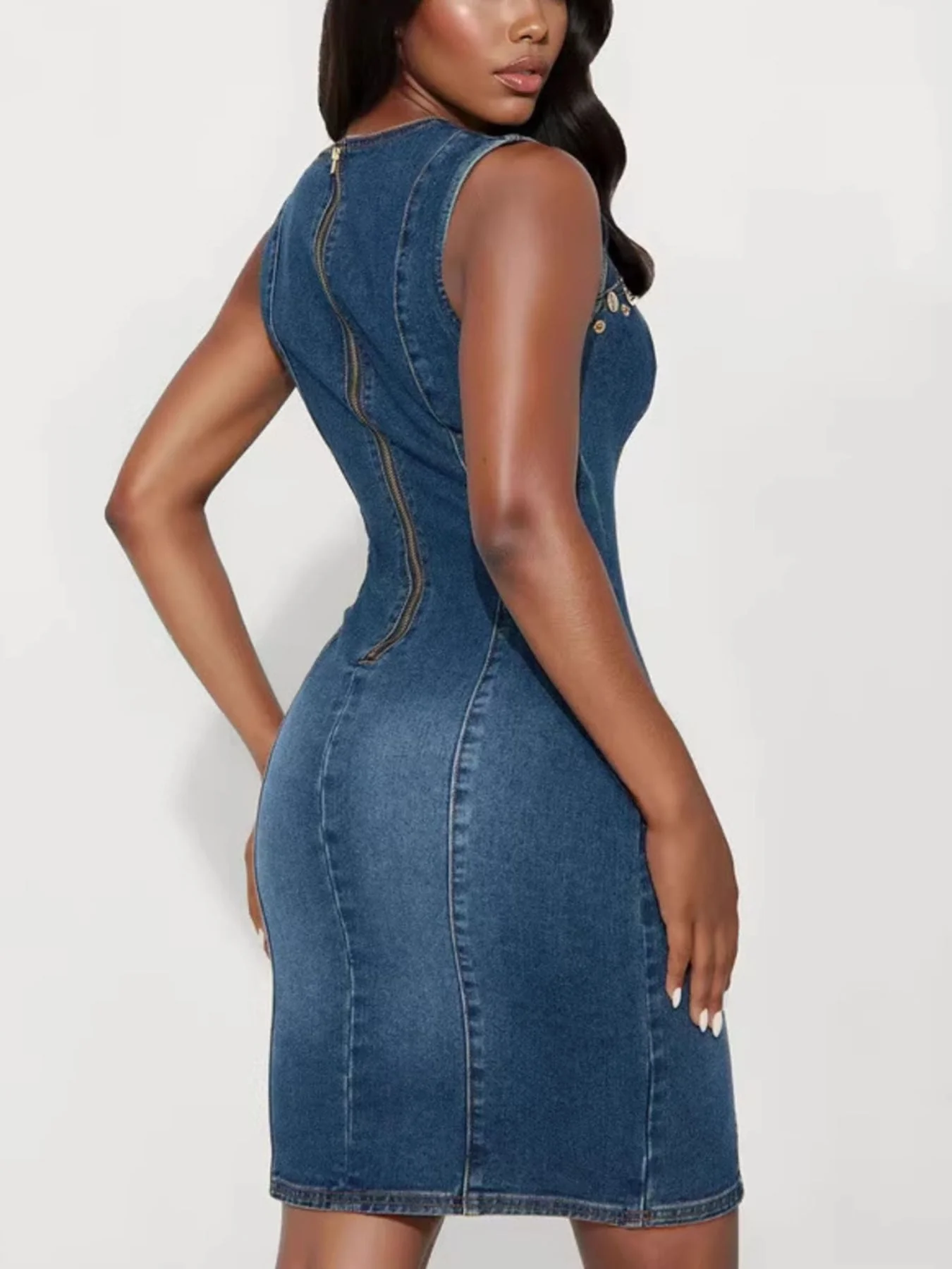 Embellished Cutout Sleeveless Denim Dress - Image 2