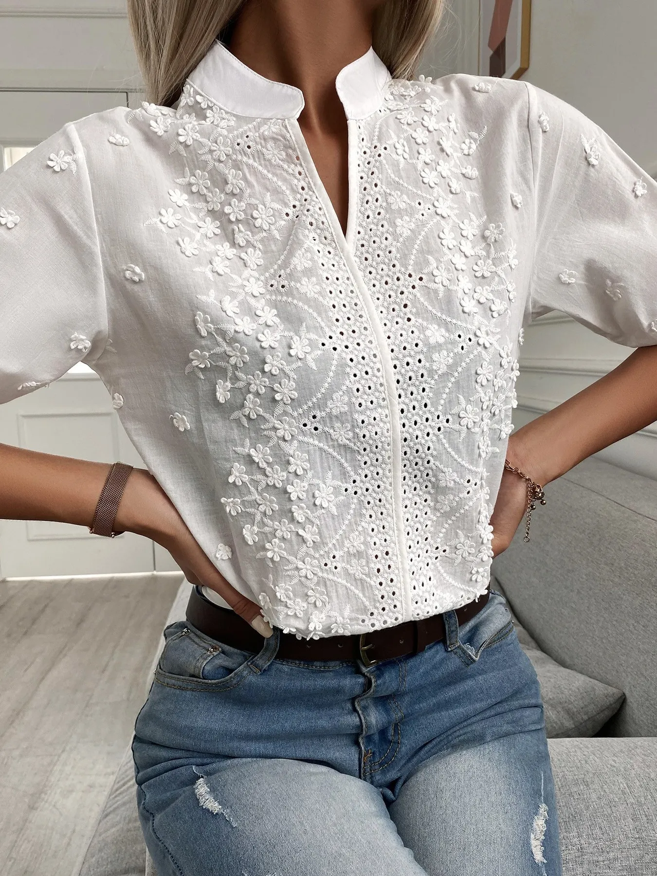 Embroidered Eyelet Notched Half Sleeve Blouse - Image 4
