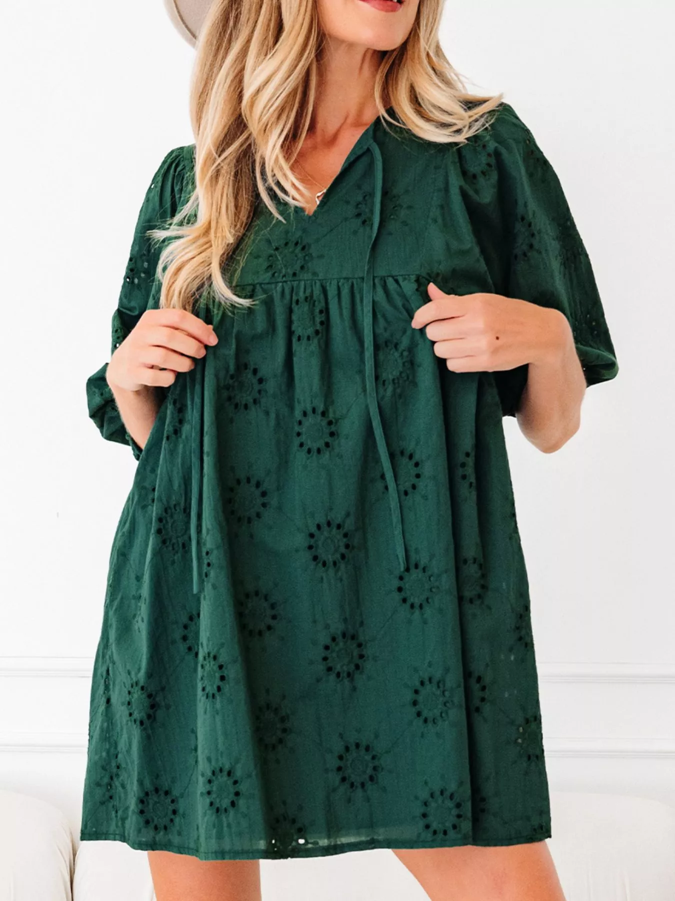 Embroidered Eyelet Pattern 3/4 Puffy Sleeve Swing Mini Dress - Image 3