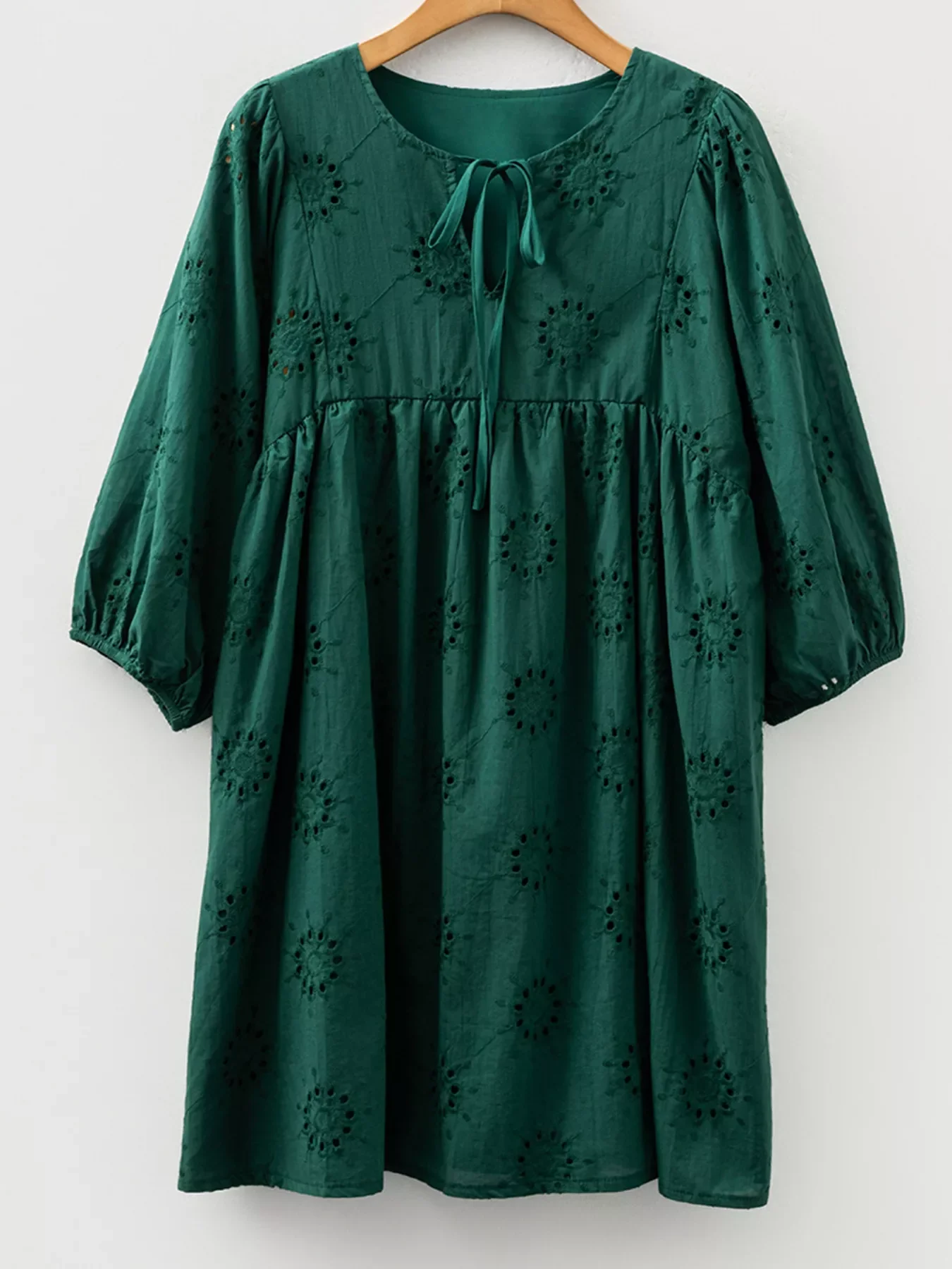 Embroidered Eyelet Pattern 3/4 Puffy Sleeve Swing Mini Dress - Image 6
