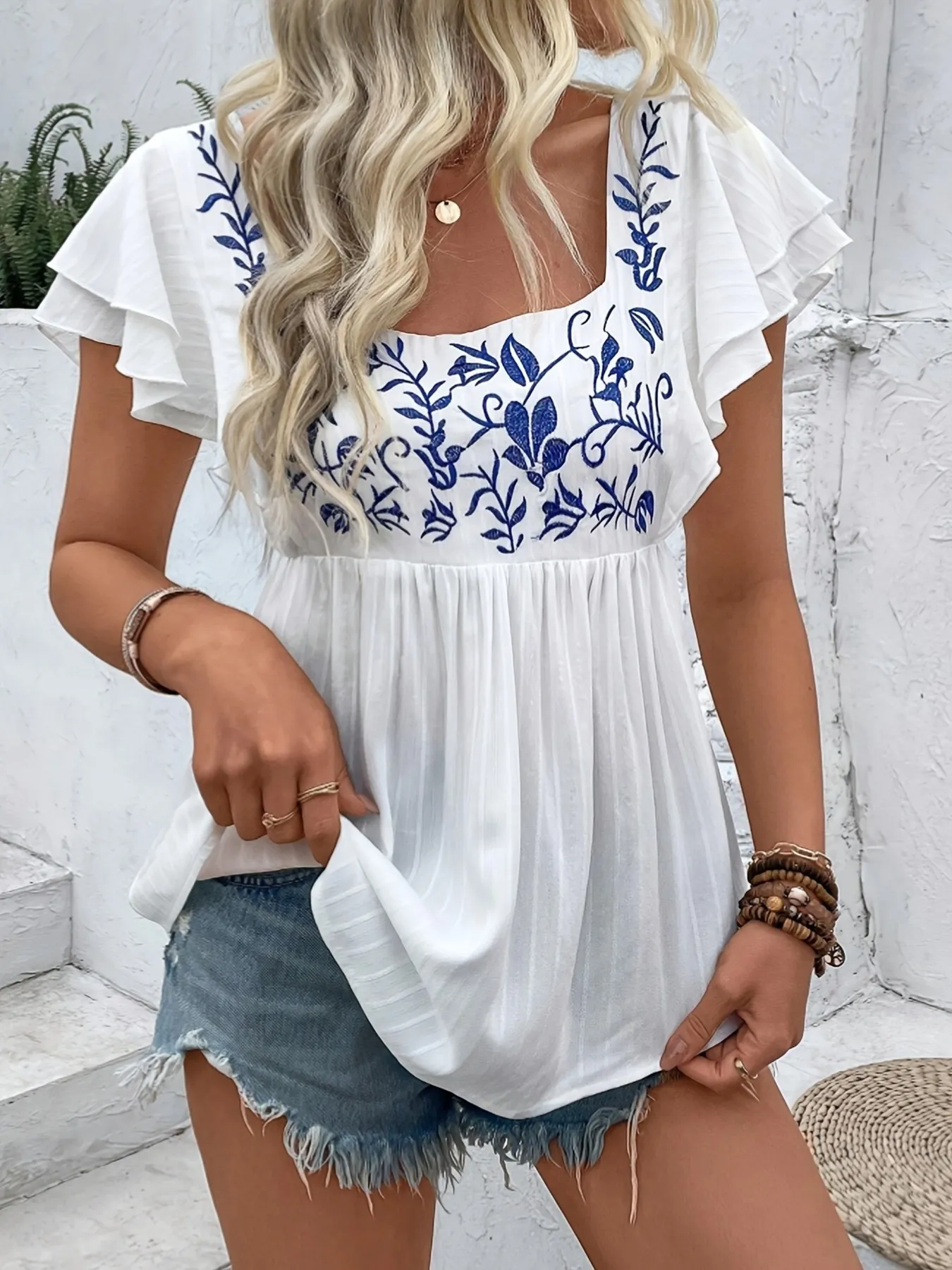 Embroidered Flutter Sleeve Blouse - Image 2