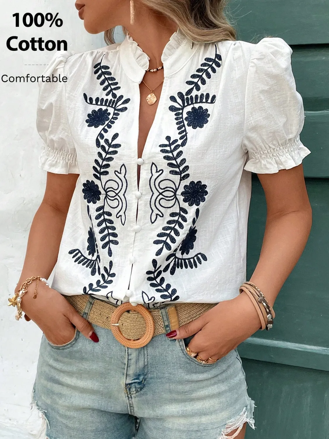 Embroidered Frill Notched Short Sleeve Blouse - Image 3
