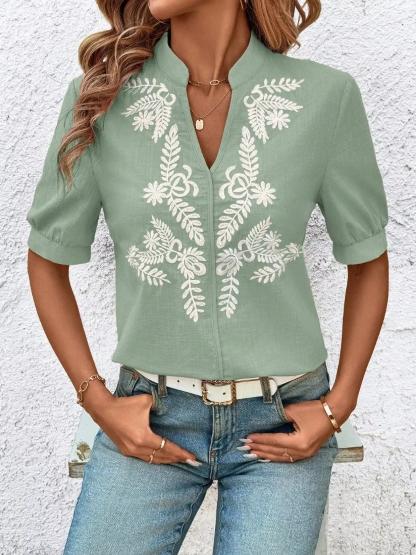 Embroidered Notched Short Sleeve Blouse - Image 10