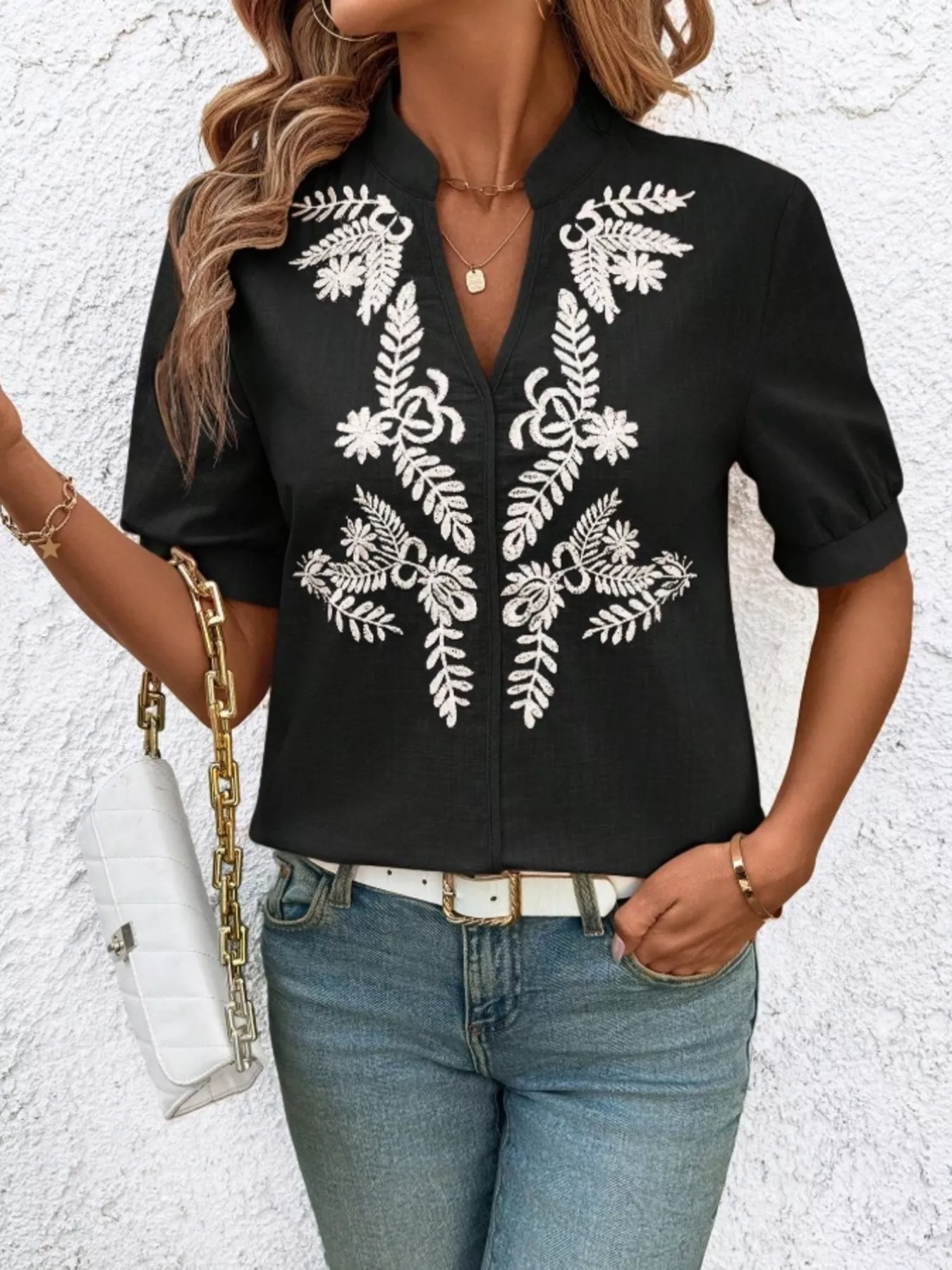 Embroidered Notched Short Sleeve Blouse - Image 17