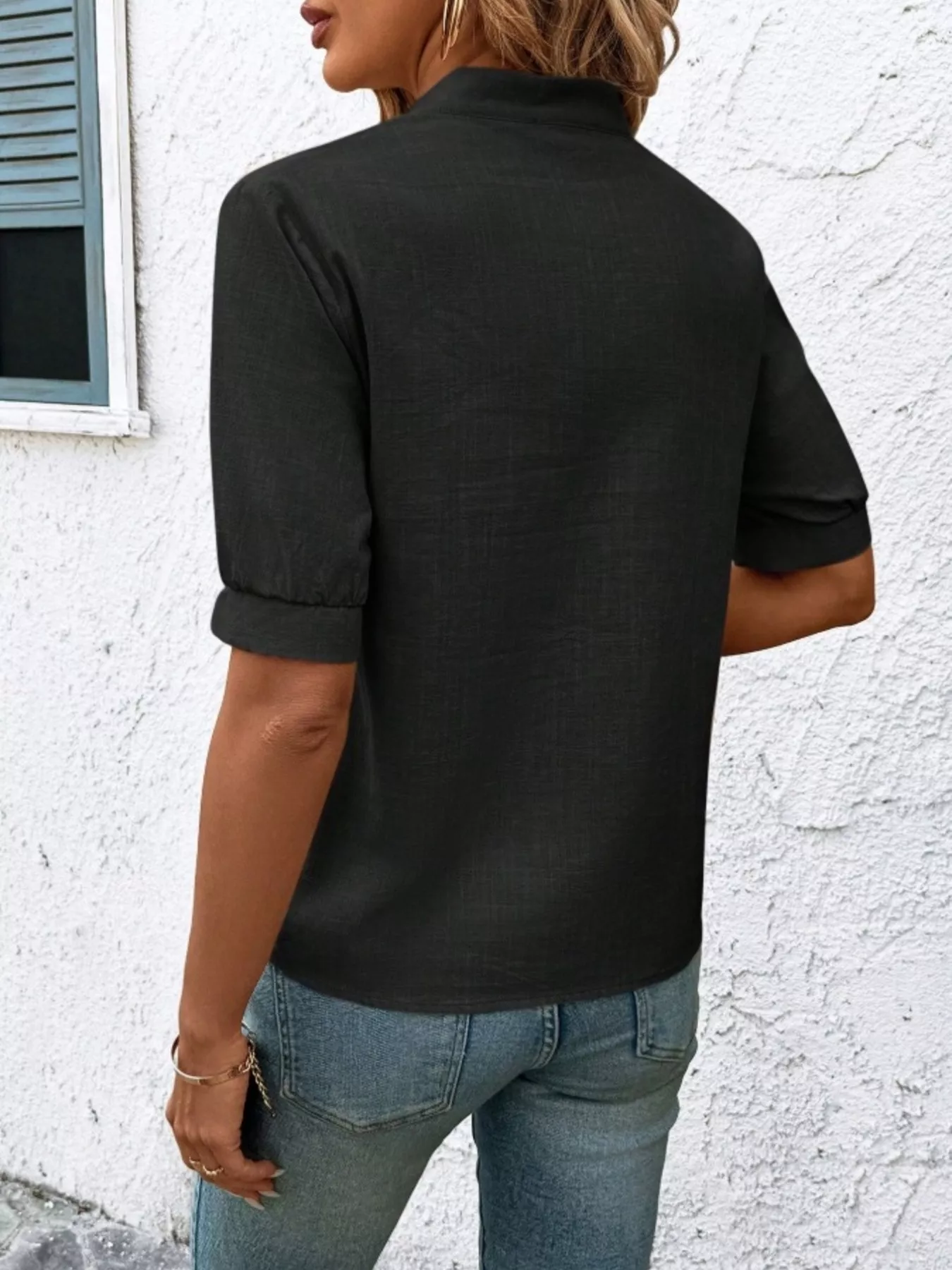Embroidered Notched Short Sleeve Blouse - Image 20