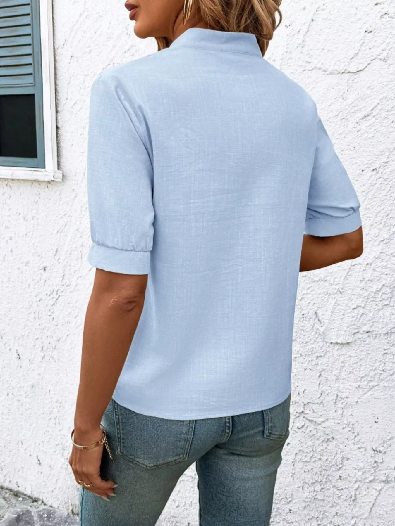 Embroidered Notched Short Sleeve Blouse - Image 5