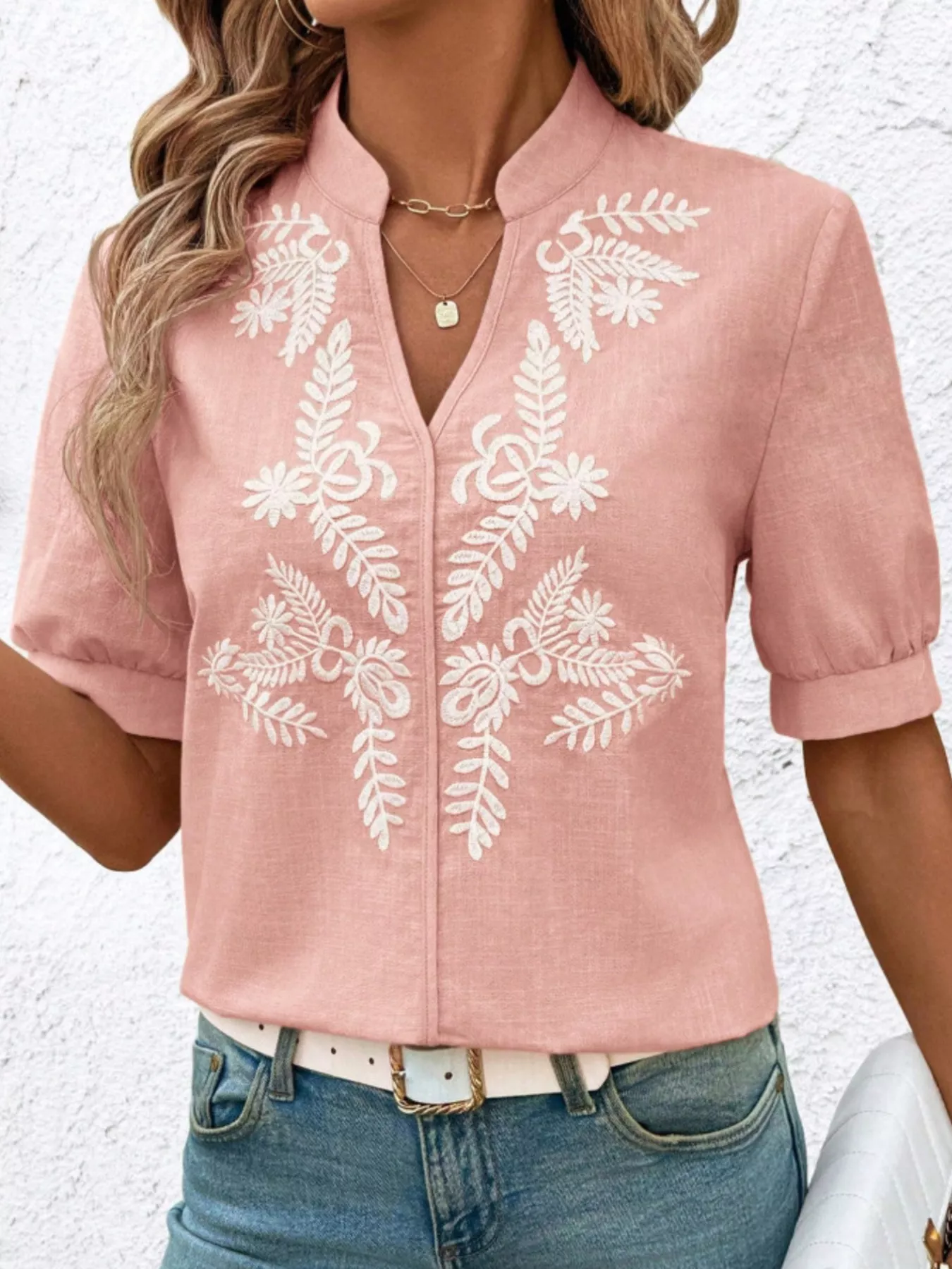 Embroidered Notched Short Sleeve Blouse - Image 7