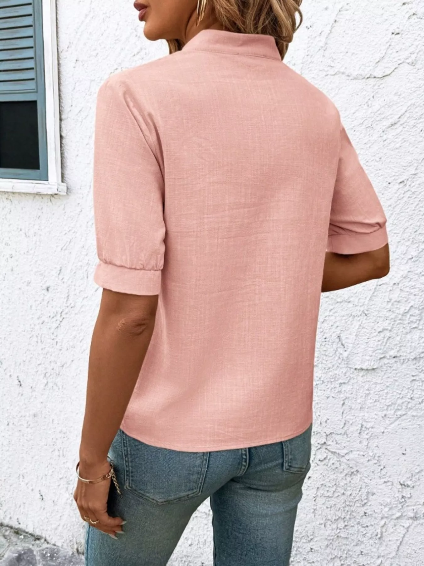 Embroidered Notched Short Sleeve Blouse - Image 8