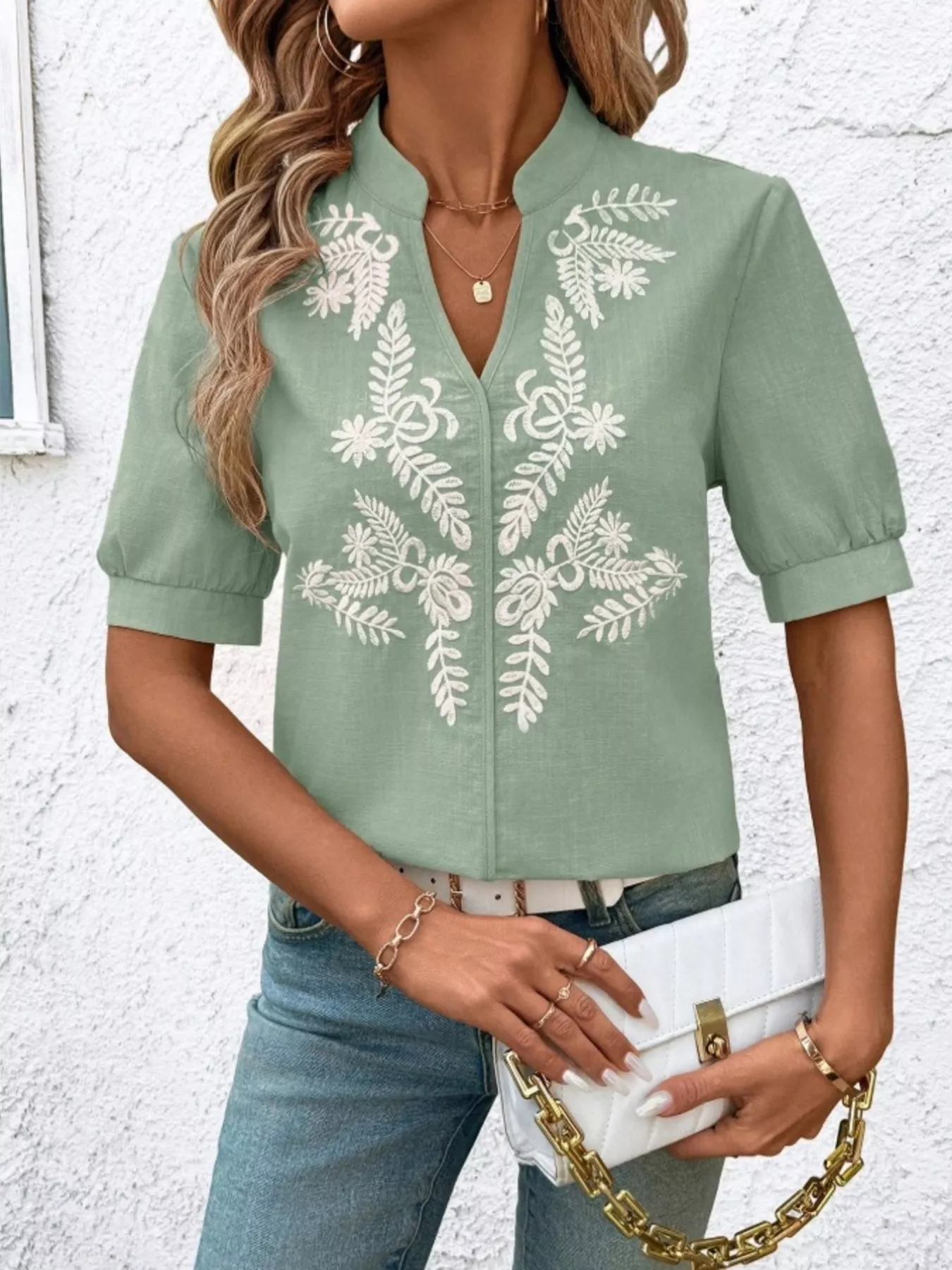 Embroidered Notched Short Sleeve Blouse - Image 9