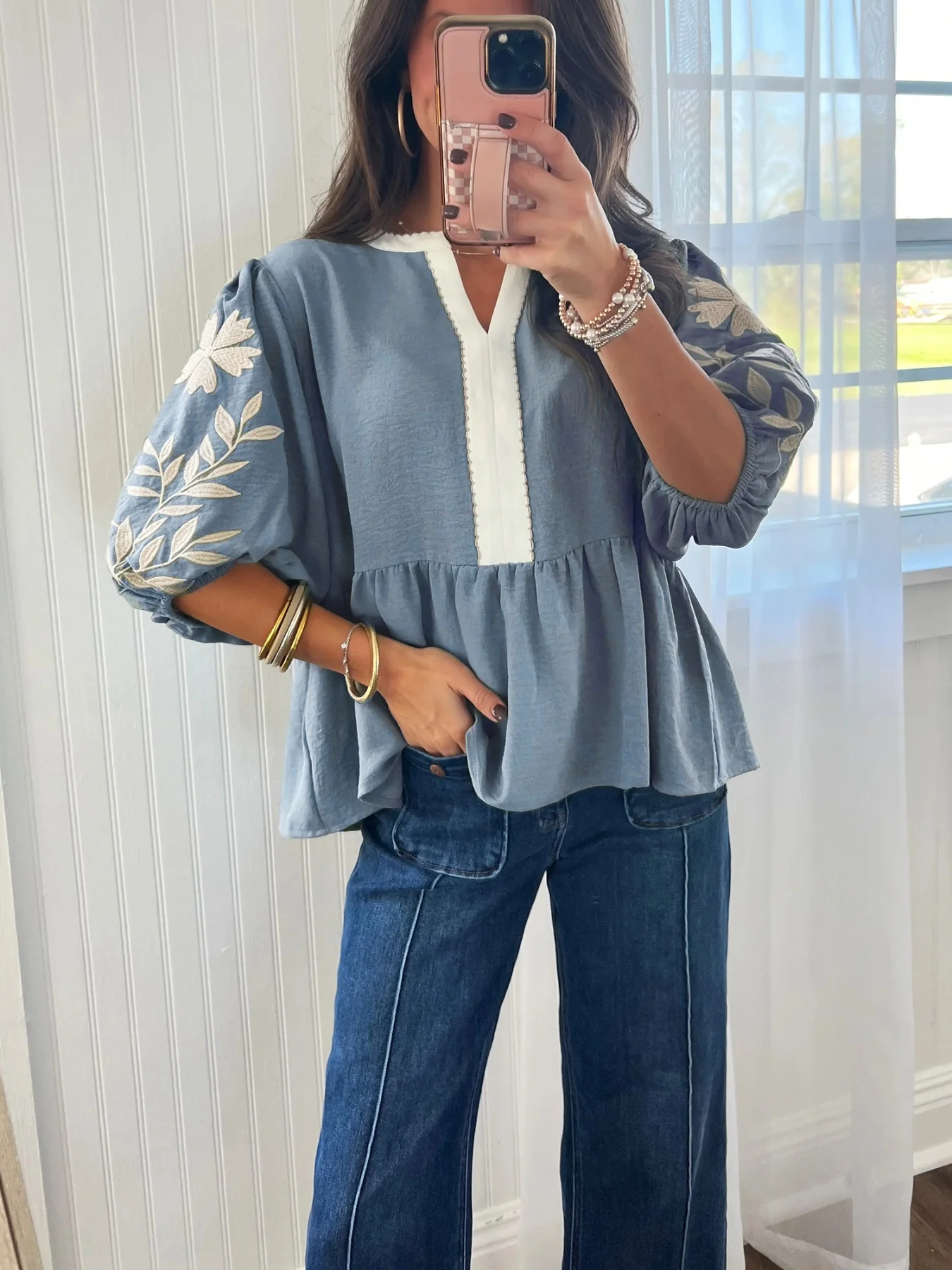 Embroidered Sleeve Peplum Blouse - Image 2