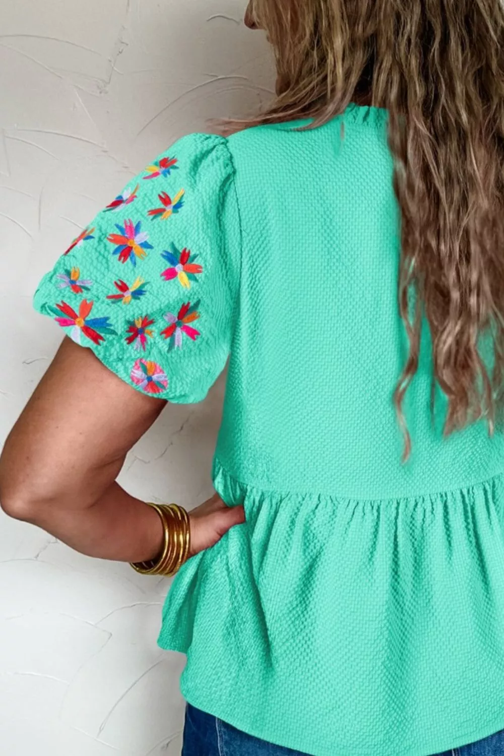 Embroidered Sleeve Textured Blouse - Image 3