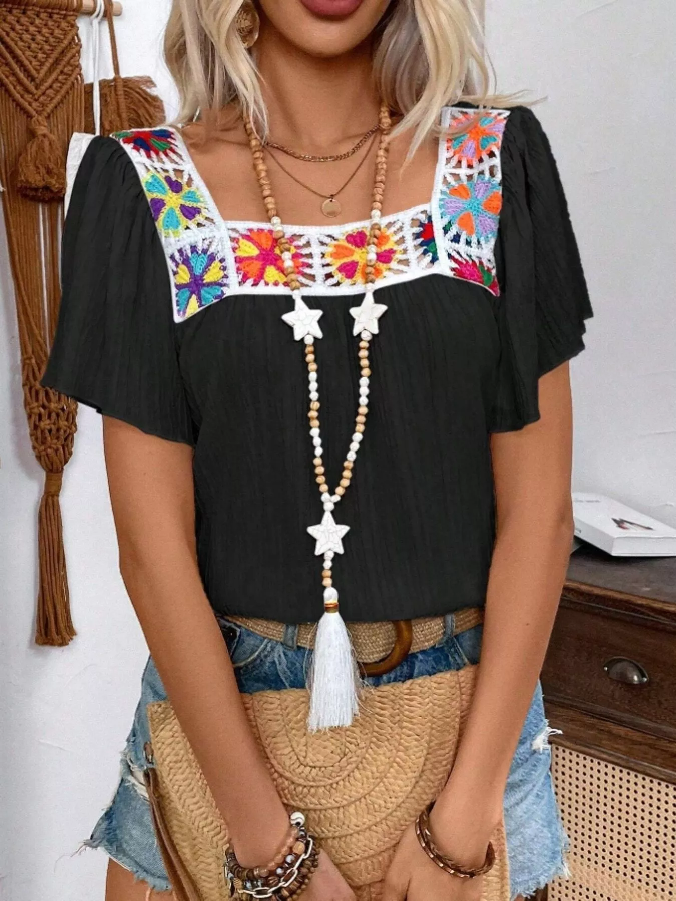 Embroidered Square Neck Flutter Sleeve Blouse - Image 7