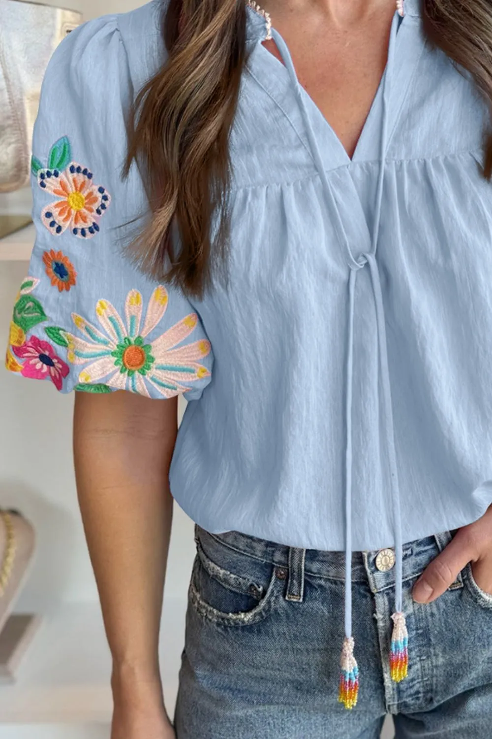 Embroidered Tie Neck Short Sleeve Blouse - Image 3