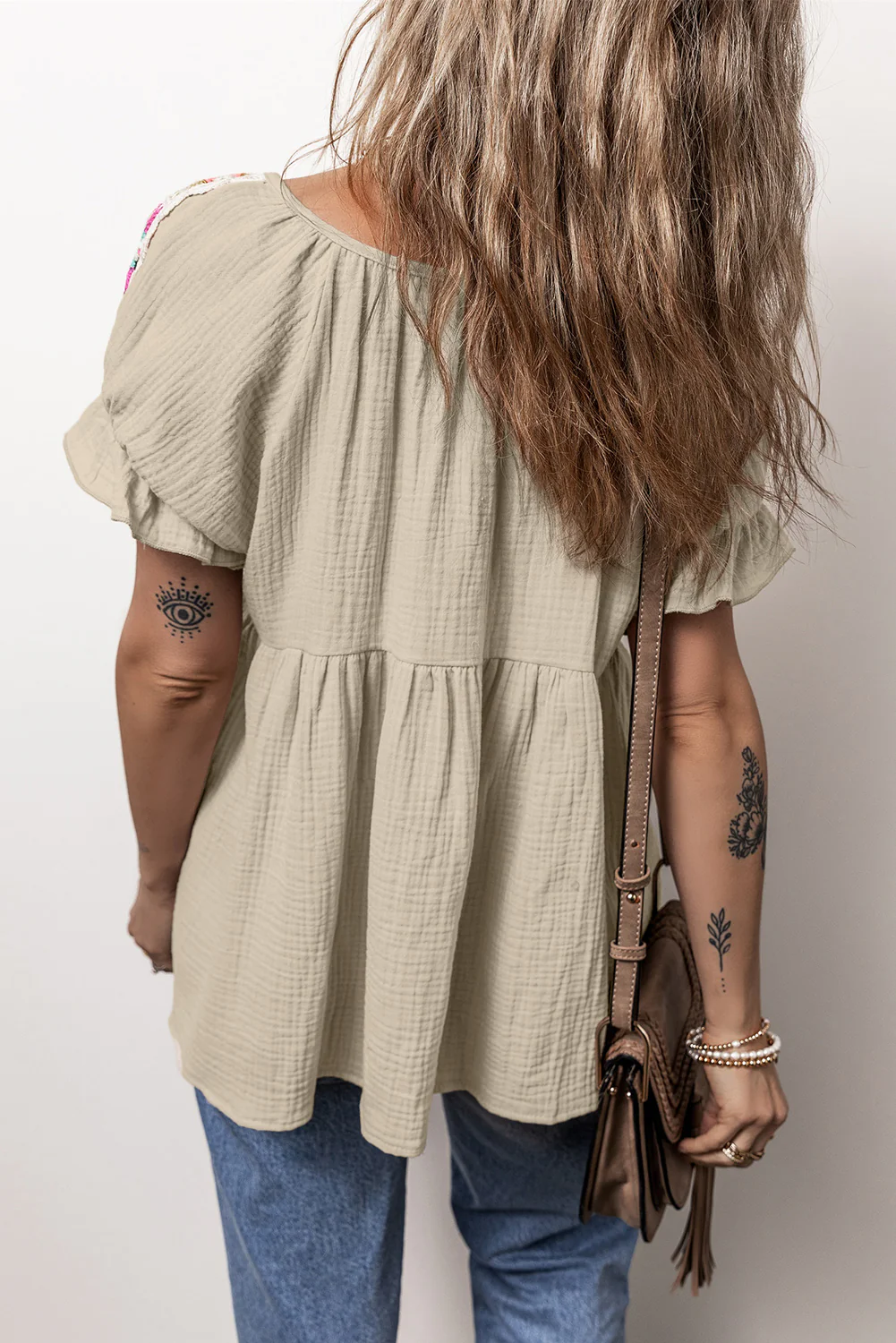 Embroidered Tie Neck Short Sleeve Blouse - Image 3