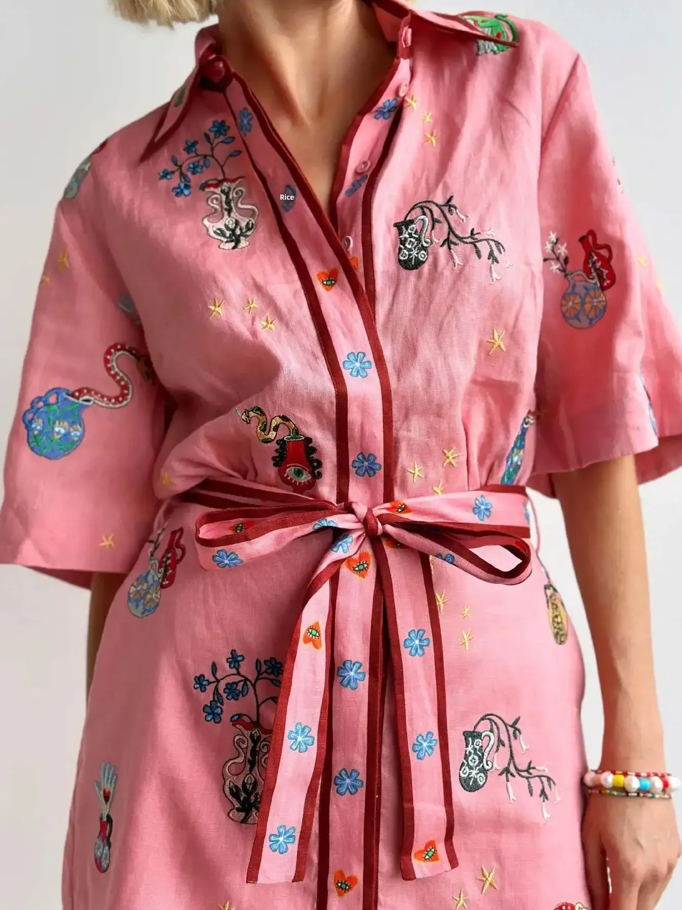 Embroidered Tie Waist Shirt Dress - Image 2