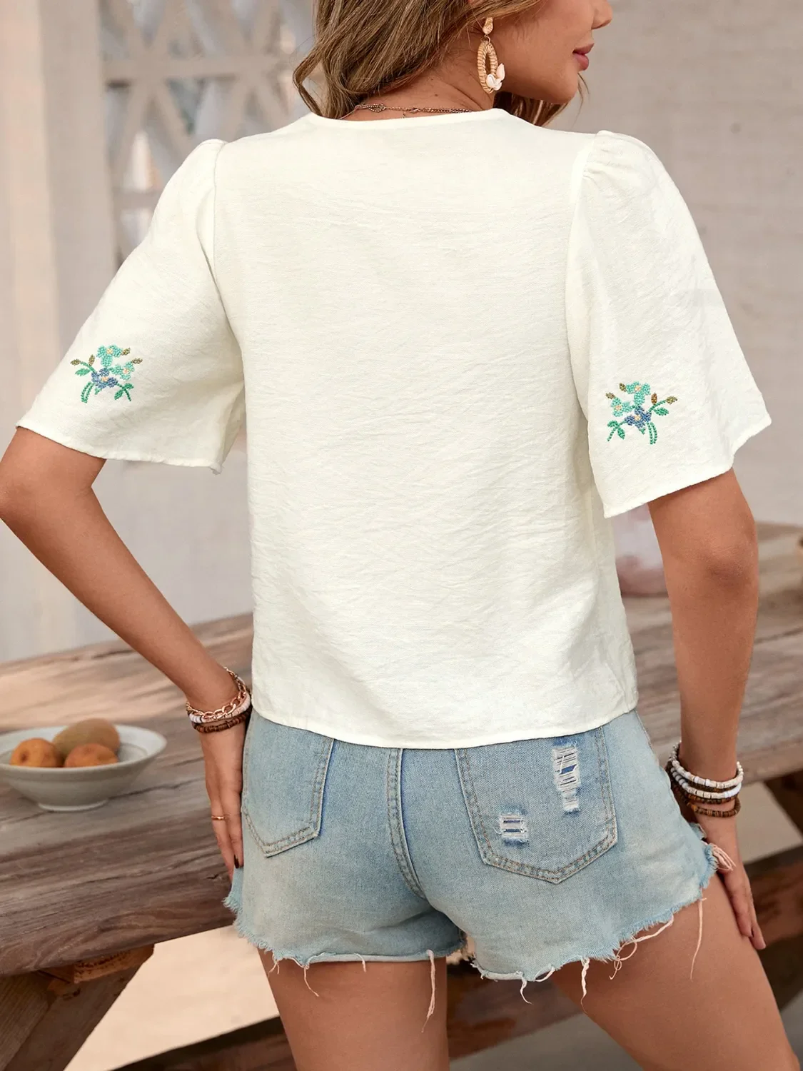 Embroidered V-Neck Short Sleeve Shirt - Image 6
