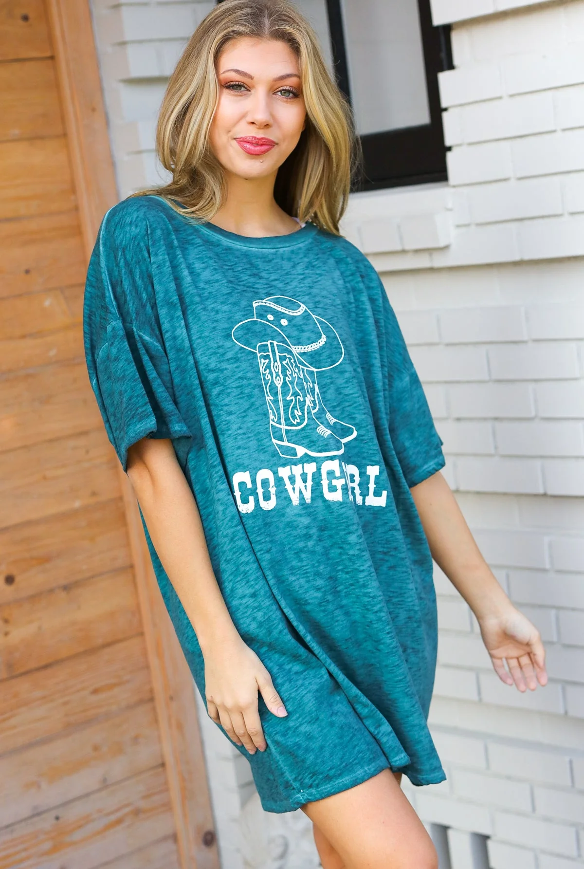 Emerald Cotton Blend COWGIRL Graphic Long Tee - Image 2