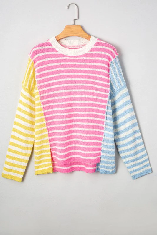 Esther Striped Patchwork Dolman Sleeve Slit Sweate - Image 6