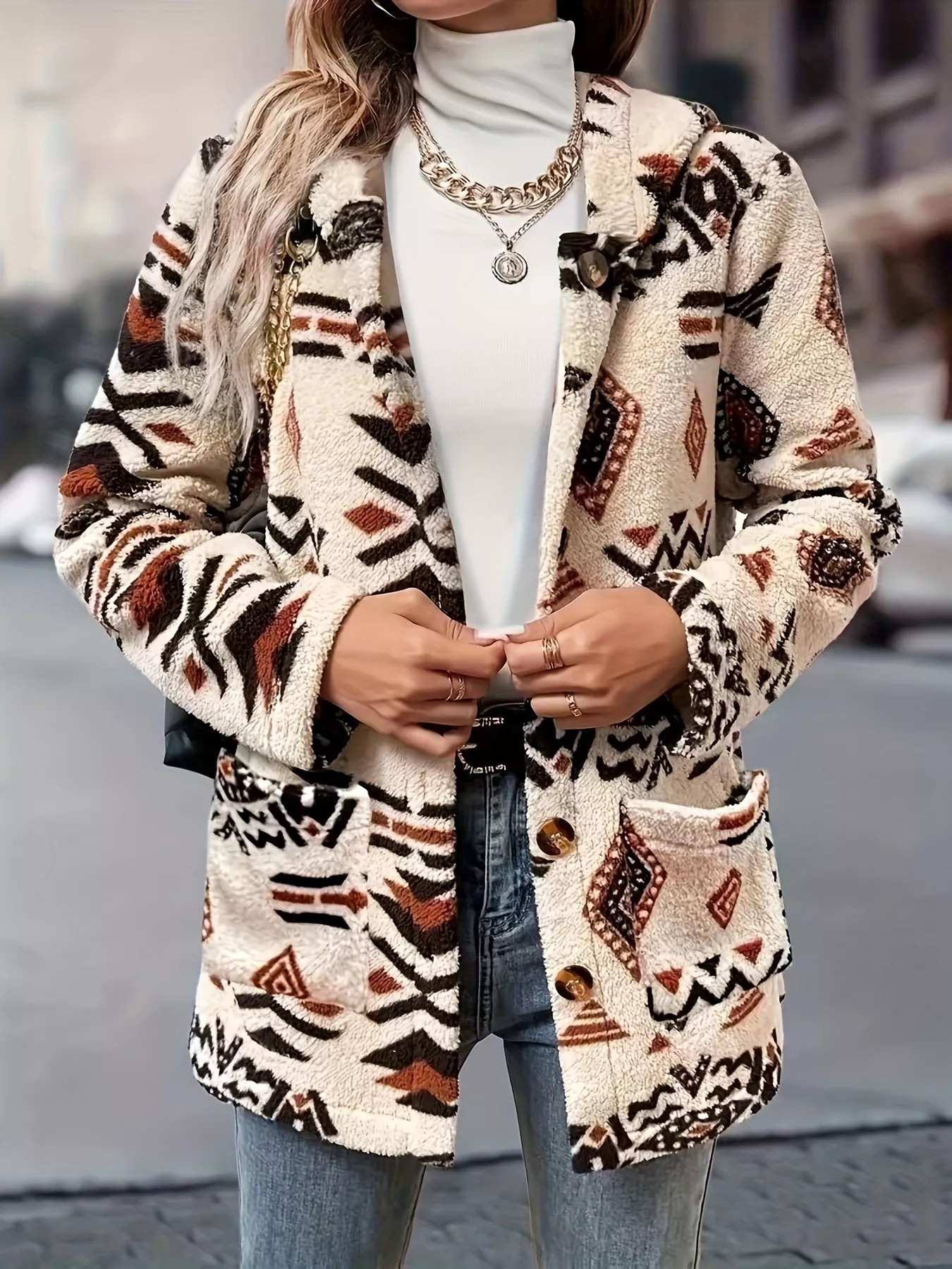 Ethnic Pattern Button-Up Fleece Outerwear - Image 3