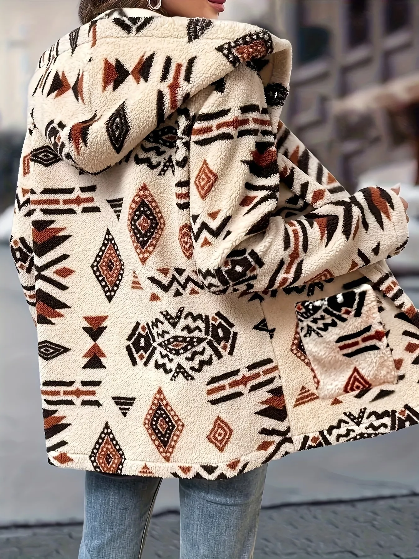 Ethnic Pattern Button-Up Fleece Outerwear - Image 5