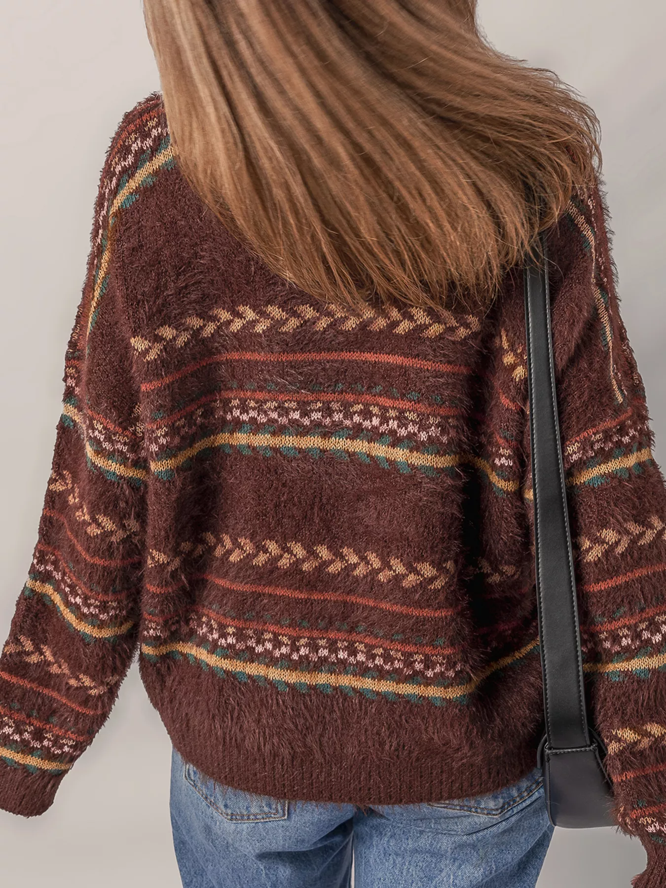 Ethnic Pattern Mohair Knitted Drop Shoulder Sweater - Image 2