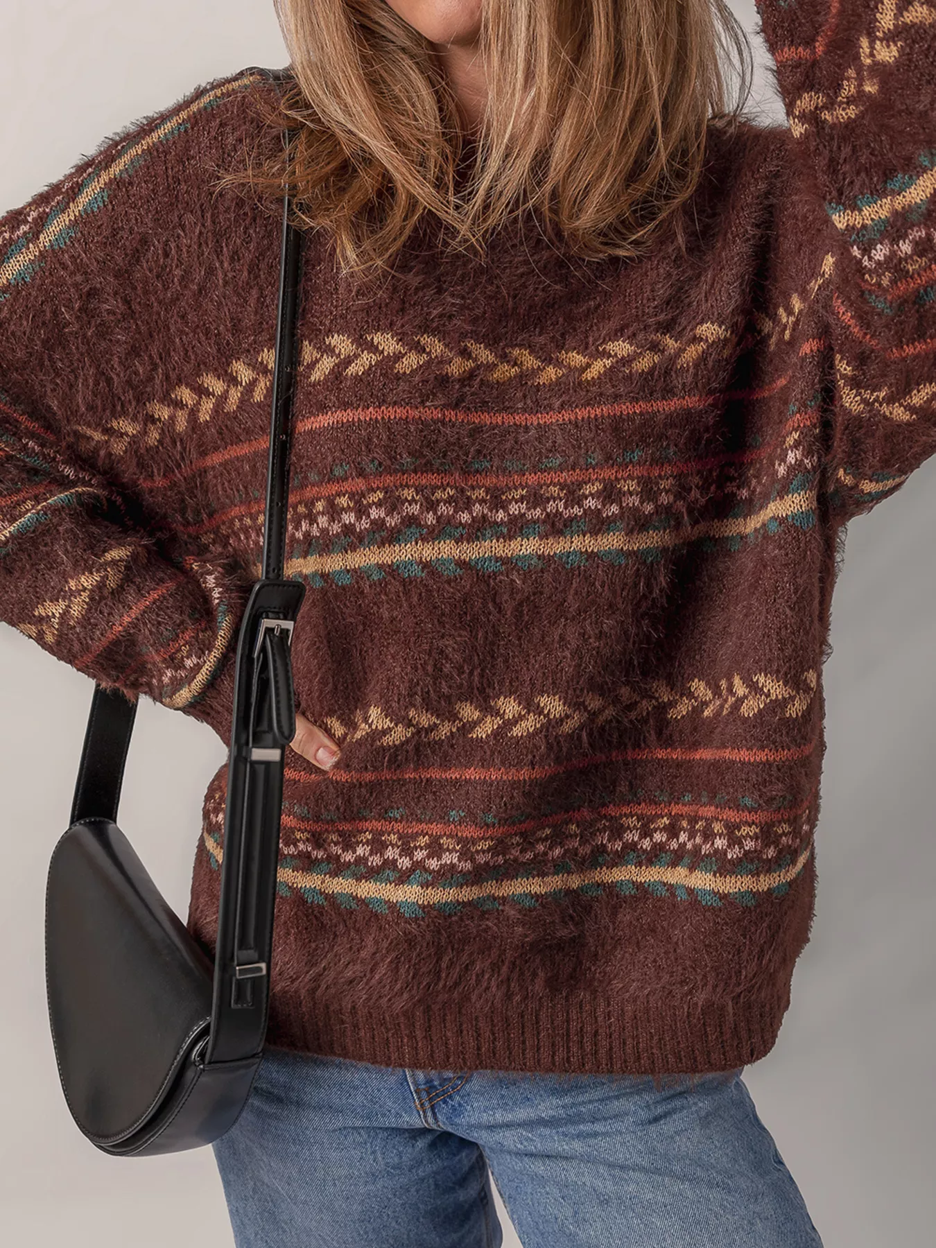 Ethnic Pattern Mohair Knitted Drop Shoulder Sweater - Image 3
