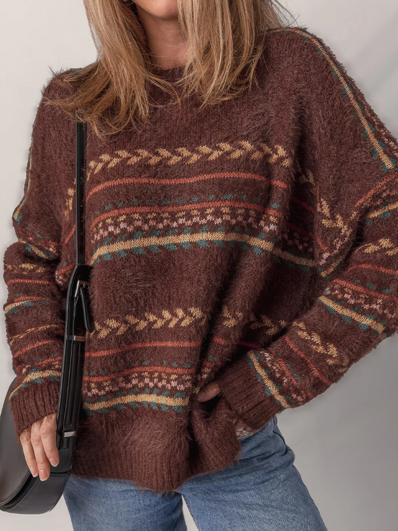 Ethnic Pattern Mohair Knitted Drop Shoulder Sweater - Image 4
