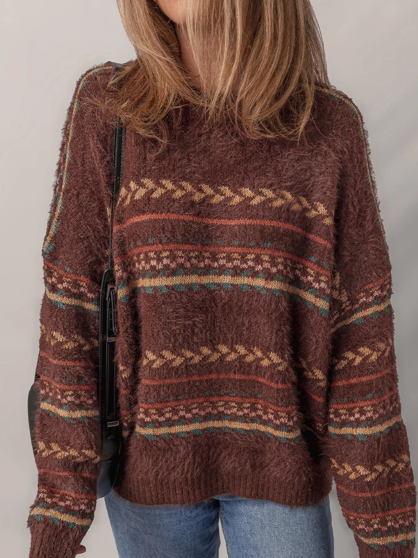 Ethnic Pattern Mohair Knitted Drop Shoulder Sweater - Image 5