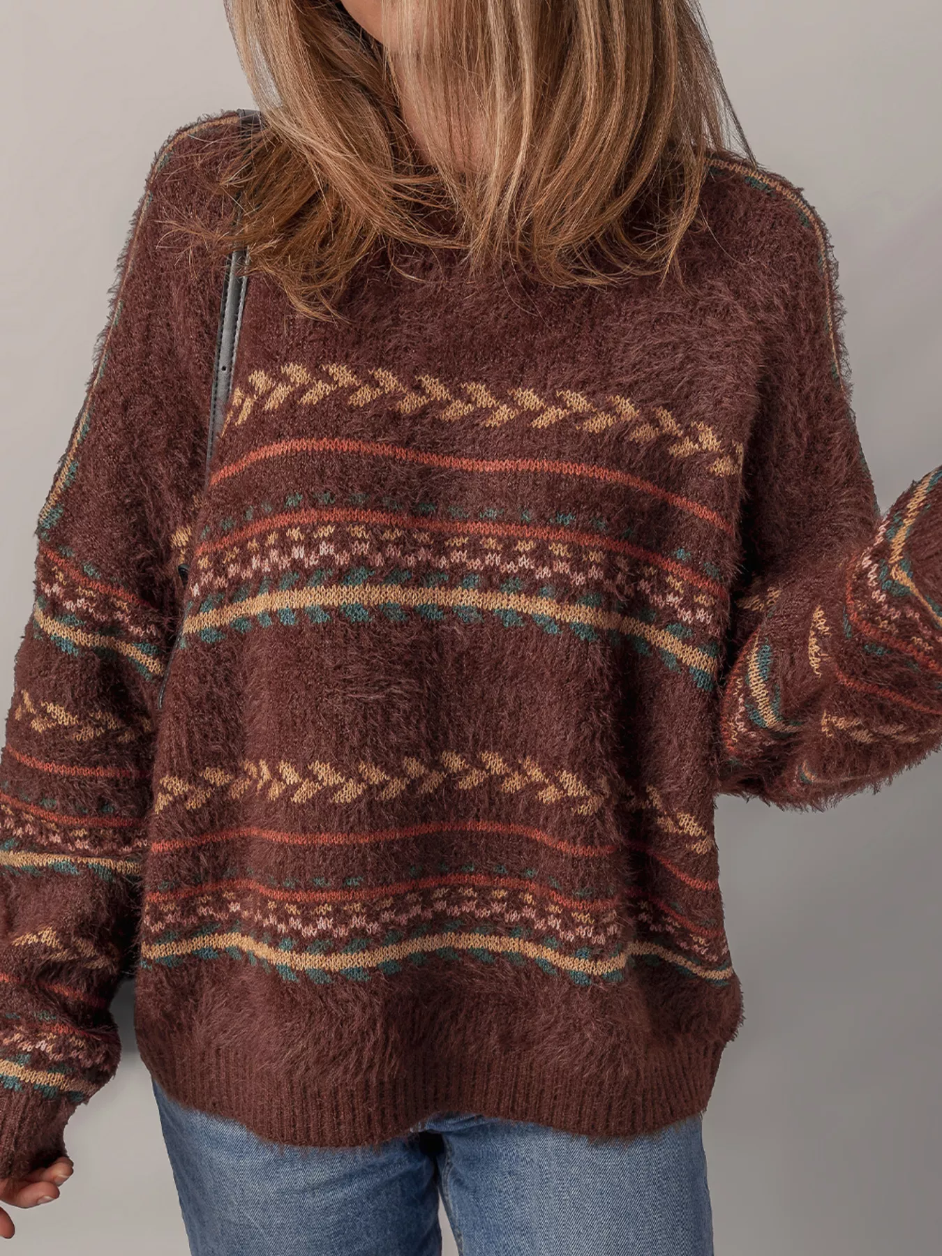 Ethnic Pattern Mohair Knitted Drop Shoulder Sweater - Image 6