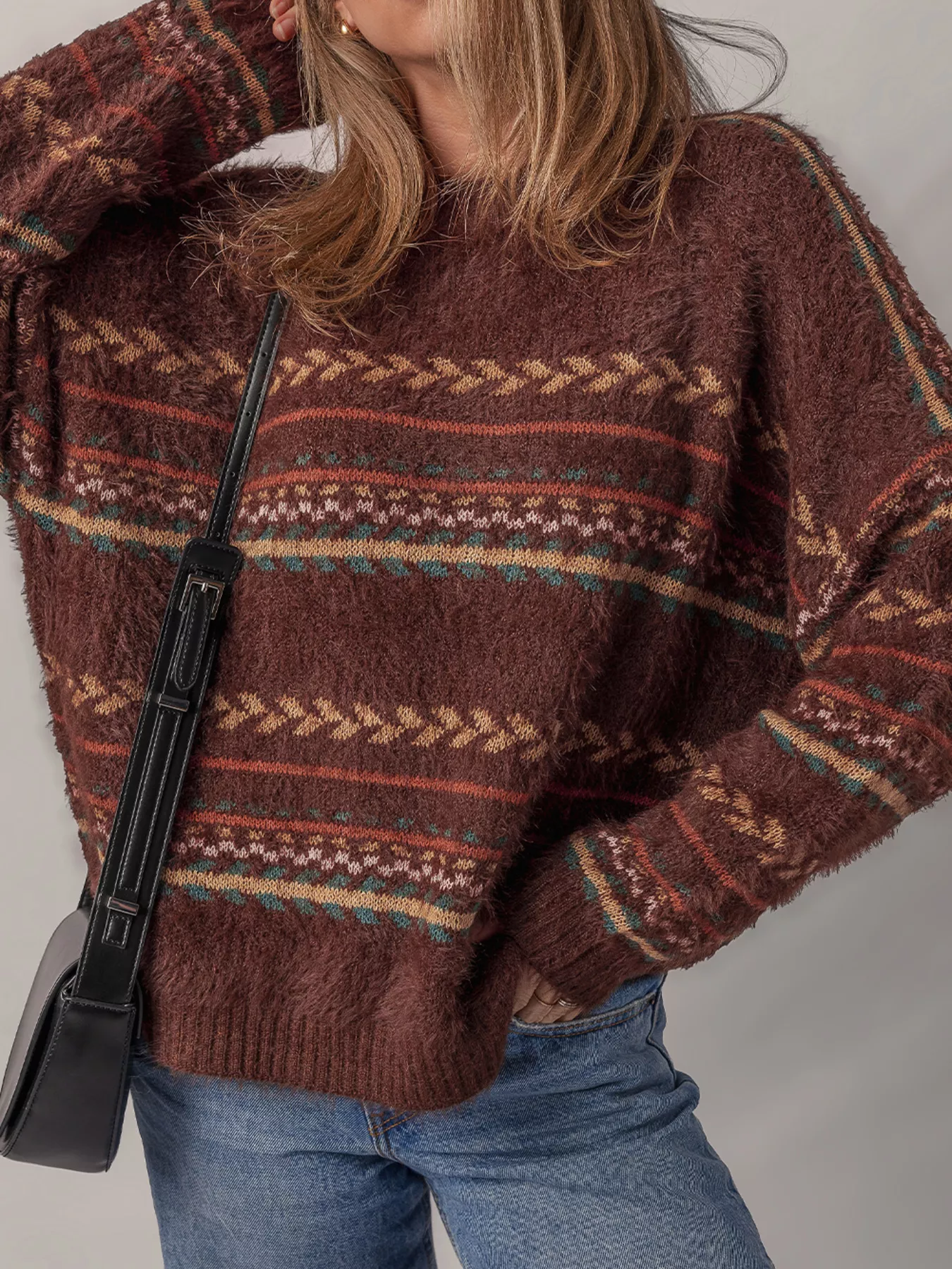 Ethnic Pattern Mohair Knitted Drop Shoulder Sweater - Image 7