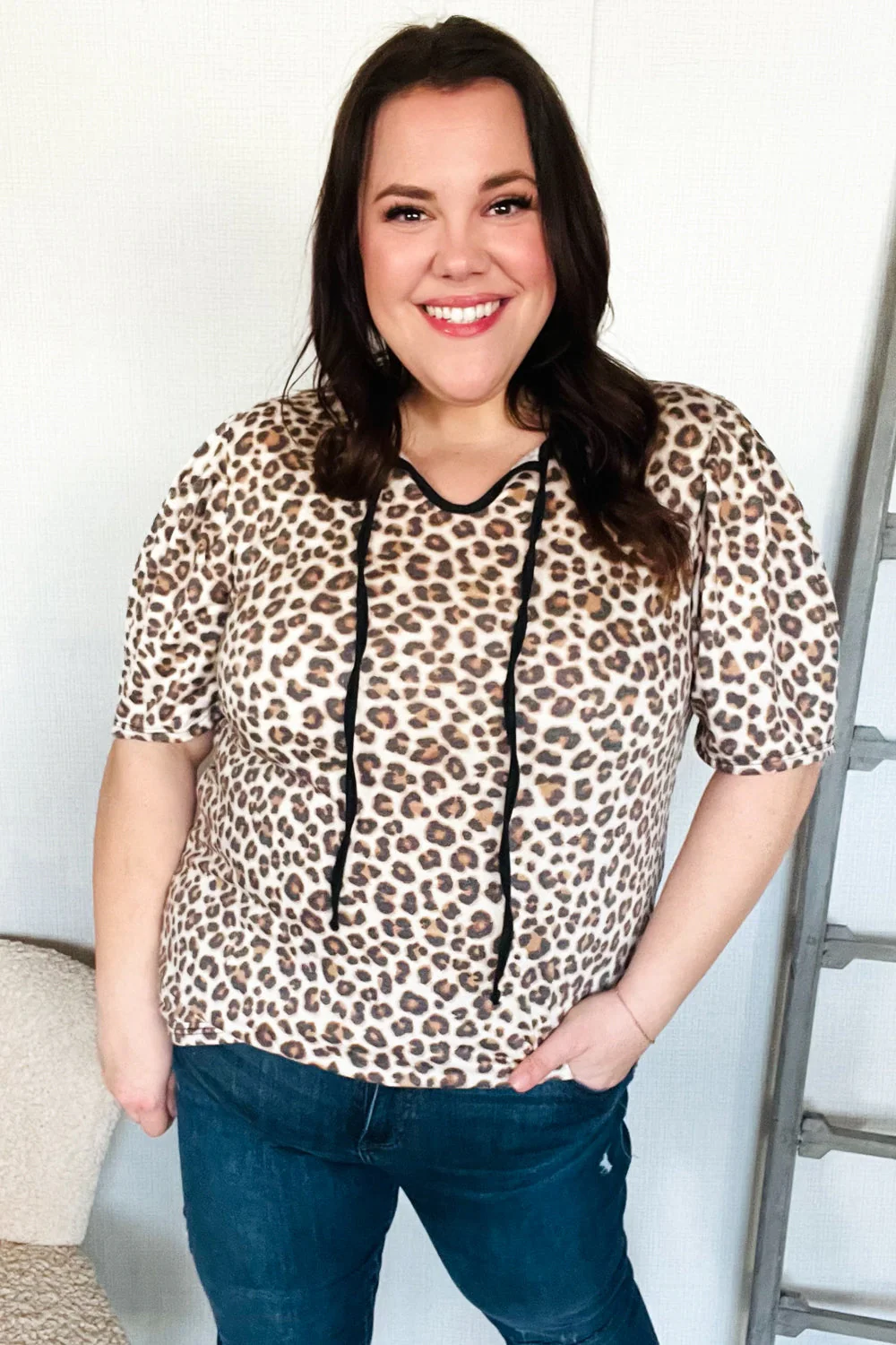 Everyday Animal Print Collar Notch Front Tie Knit Top - Image 10